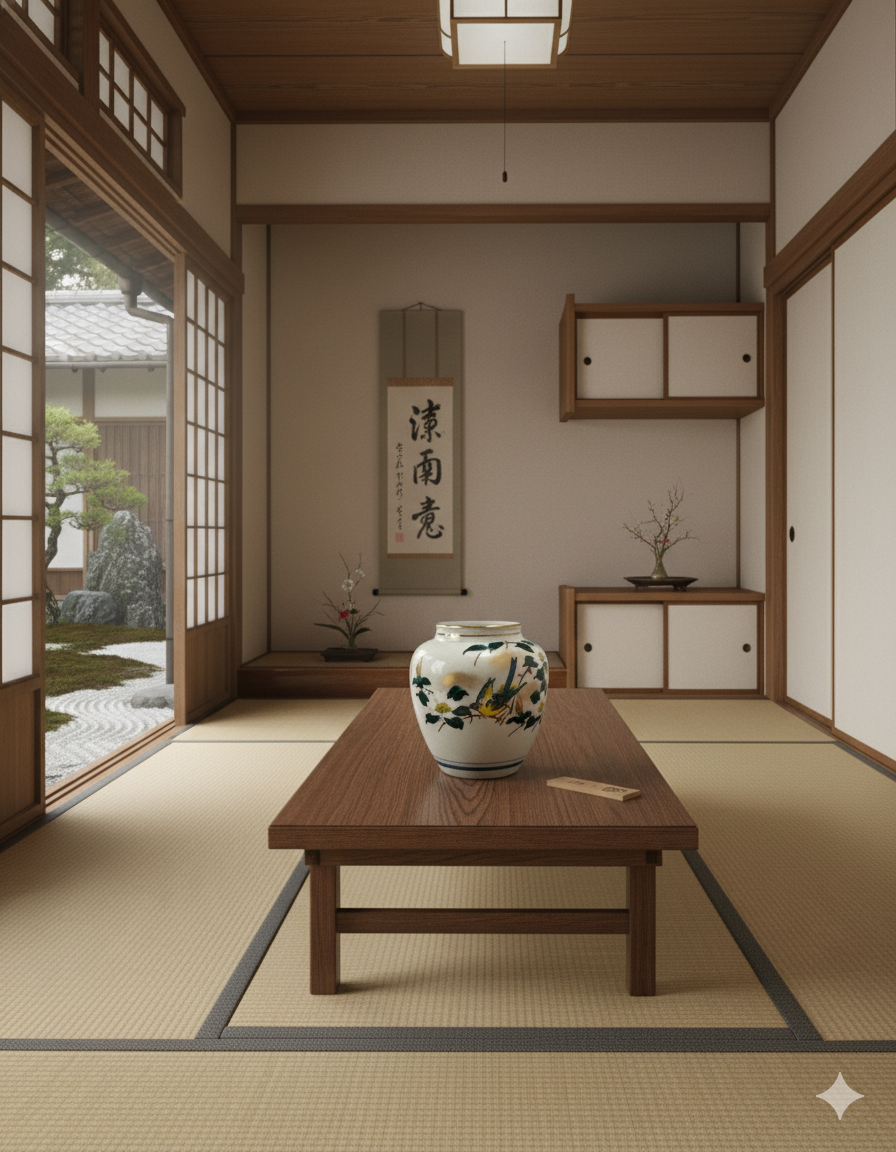 Japanese-style room with wooden table, vase, and calligraphy on wall (gen by Ai)