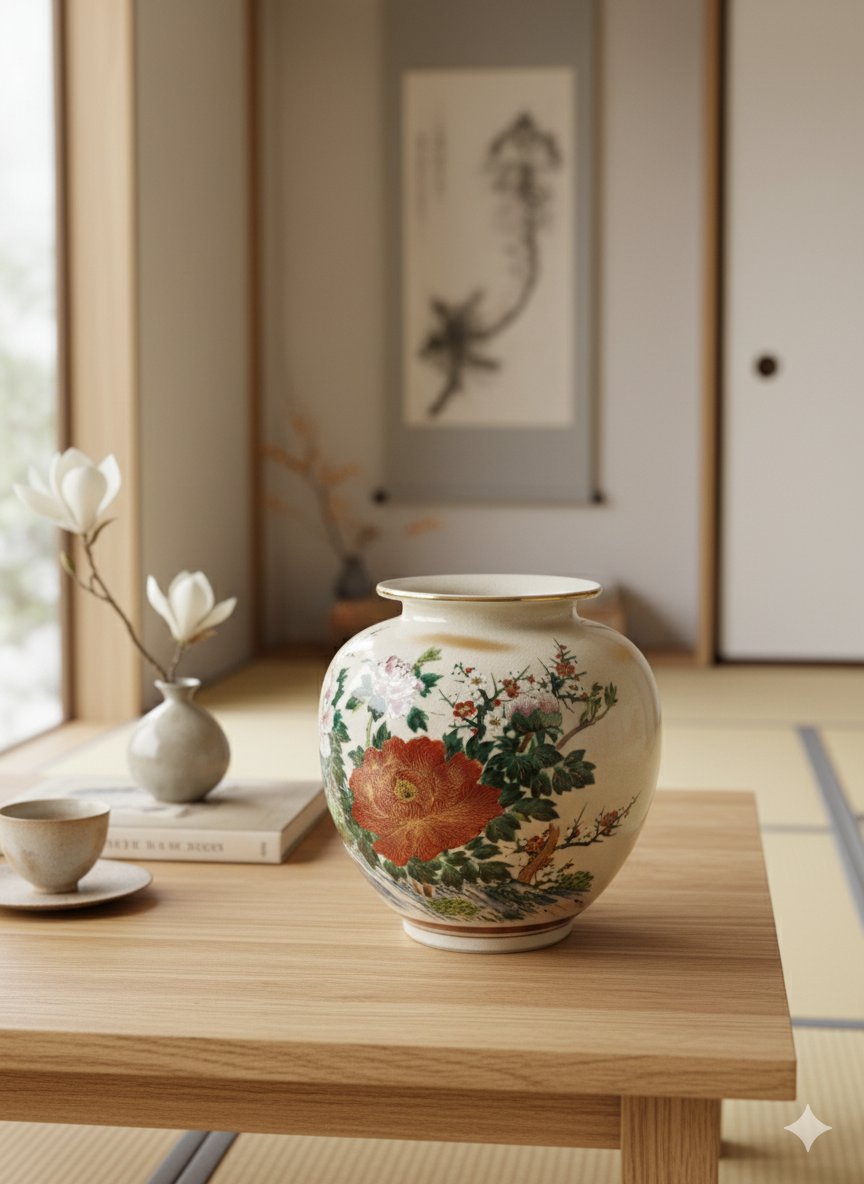 Kutani Peony Vase . Hand-Painted Large Pink & Red Peony Blossoms . Japanese Vintage Art Pottery