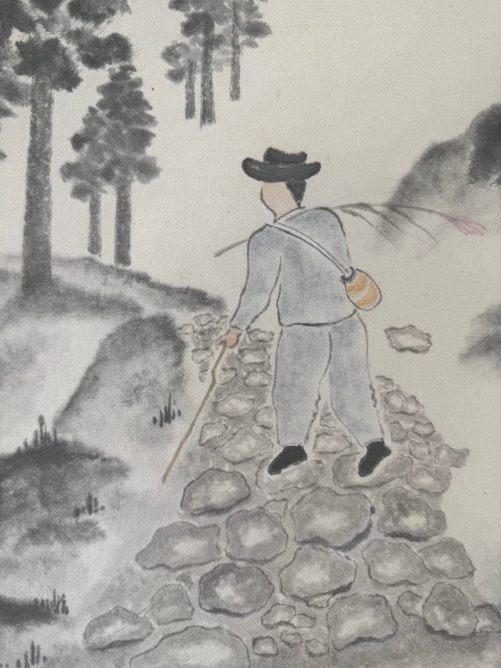 Scholar Among Pines | Japanese Ink Landscape Kakemono | Sumi-e Figure in Mountain Mist Scroll