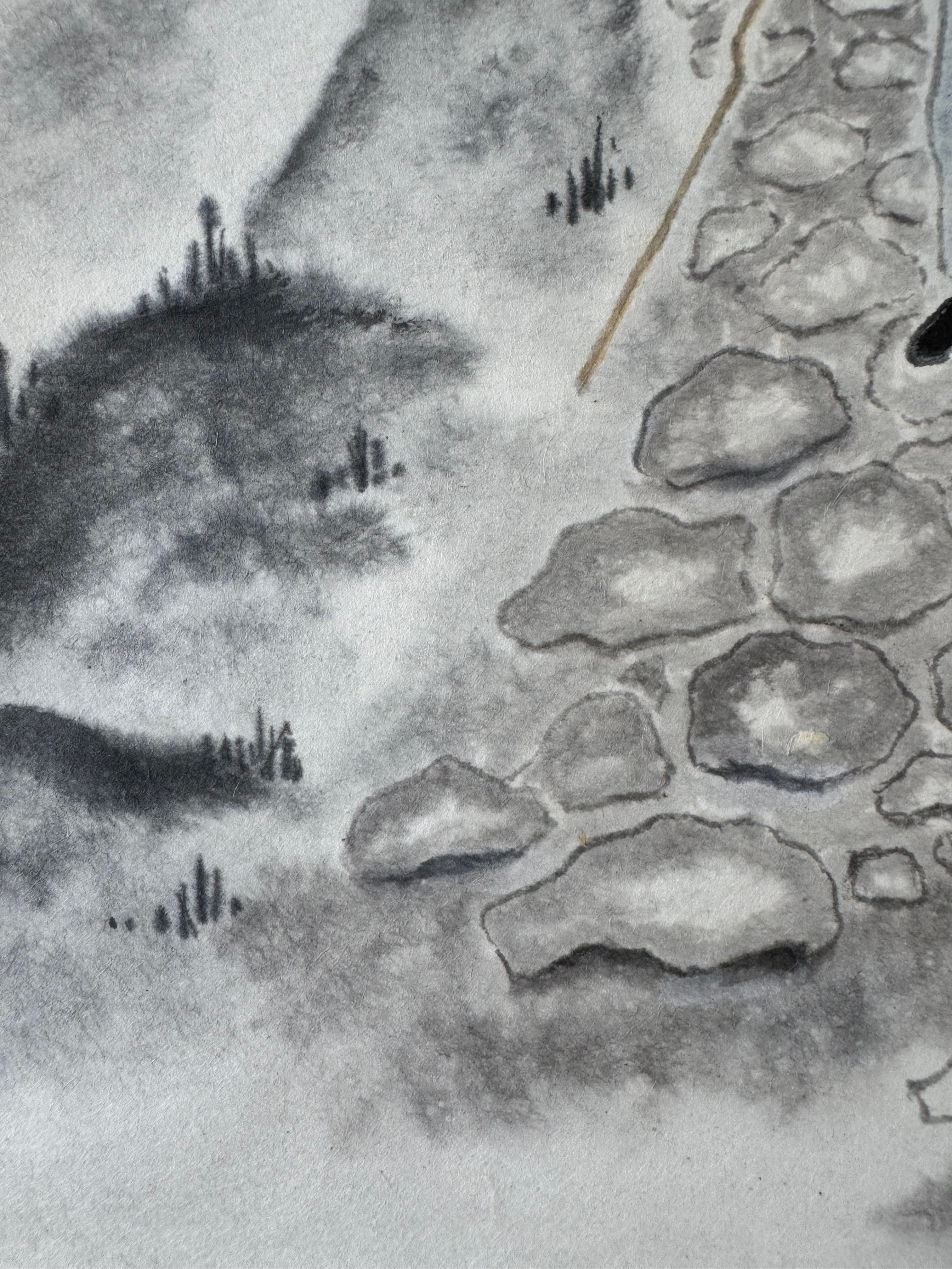 Scholar Among Pines | Japanese Ink Landscape Kakemono | Sumi-e Figure in Mountain Mist Scroll