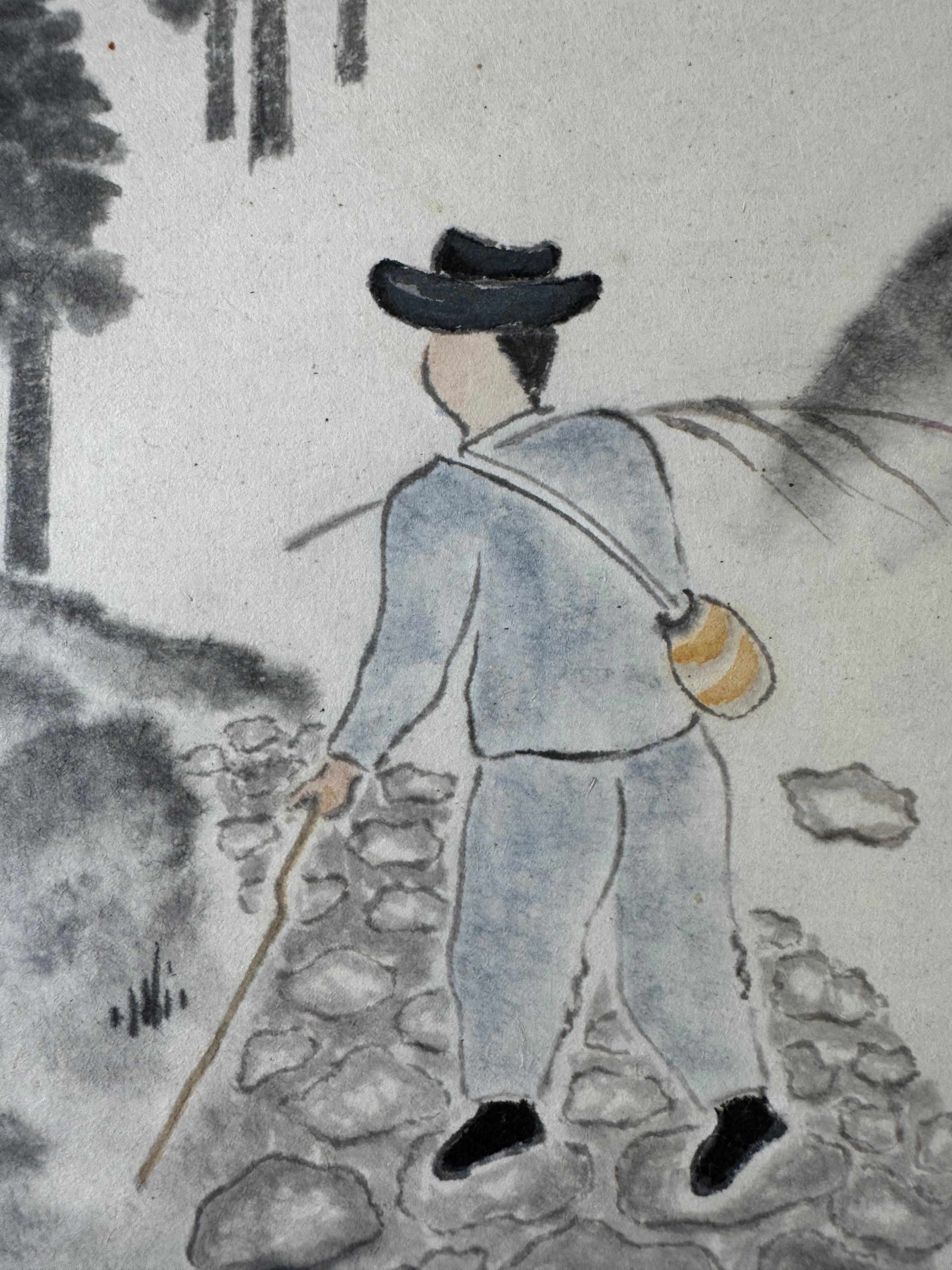 Scholar Among Pines | Japanese Ink Landscape Kakemono | Sumi-e Figure in Mountain Mist Scroll