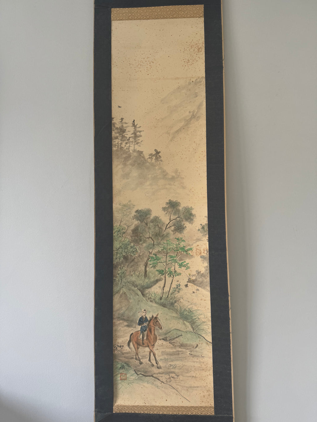 Japanese Horse Painting Scroll, Vintage Kakemono Girl on Horseback, Asian Wall Art, Antique Ink Painting