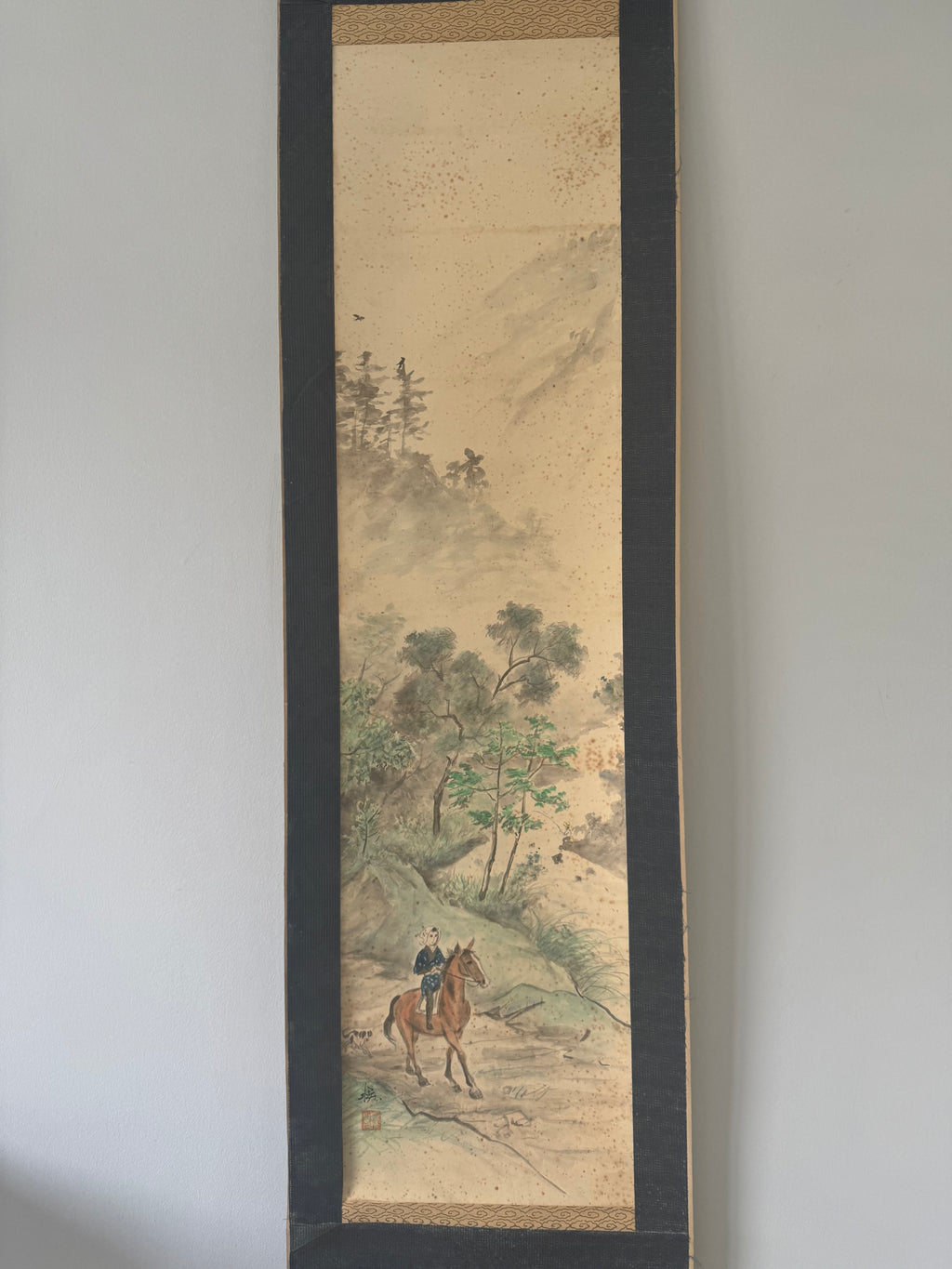 Japanese Horse Painting Scroll, Vintage Kakemono Girl on Horseback, Asian Wall Art, Antique Ink Painting