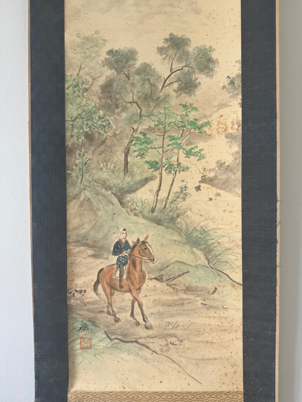 Japanese Horse Painting Scroll, Vintage Kakemono Girl on Horseback, Asian Wall Art, Antique Ink Painting