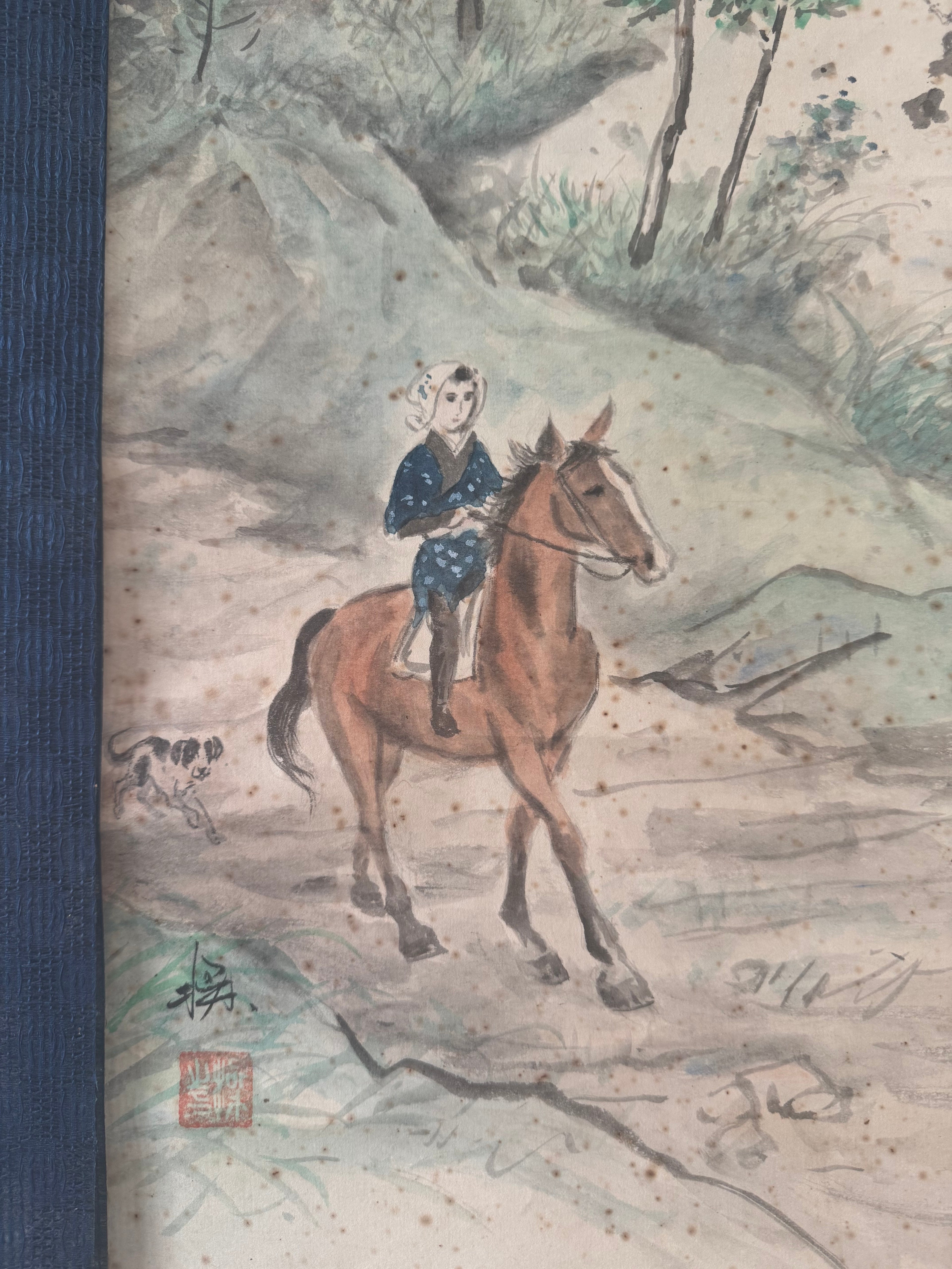 Japanese Horse Painting Scroll, Vintage Kakemono Girl on Horseback, Asian Wall Art, Antique Ink Painting