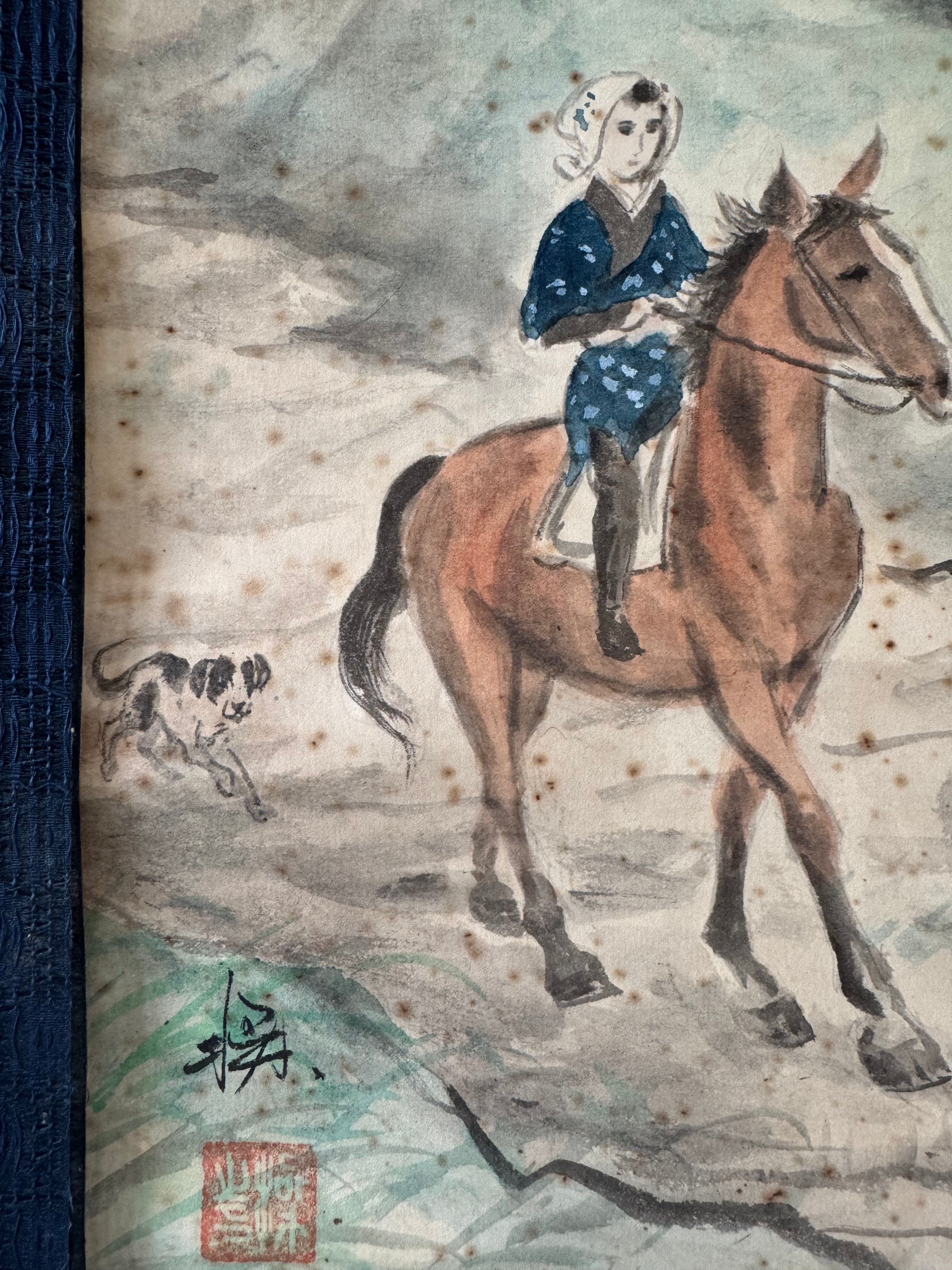 Japanese Horse Painting Scroll, Vintage Kakemono Girl on Horseback, Asian Wall Art, Antique Ink Painting