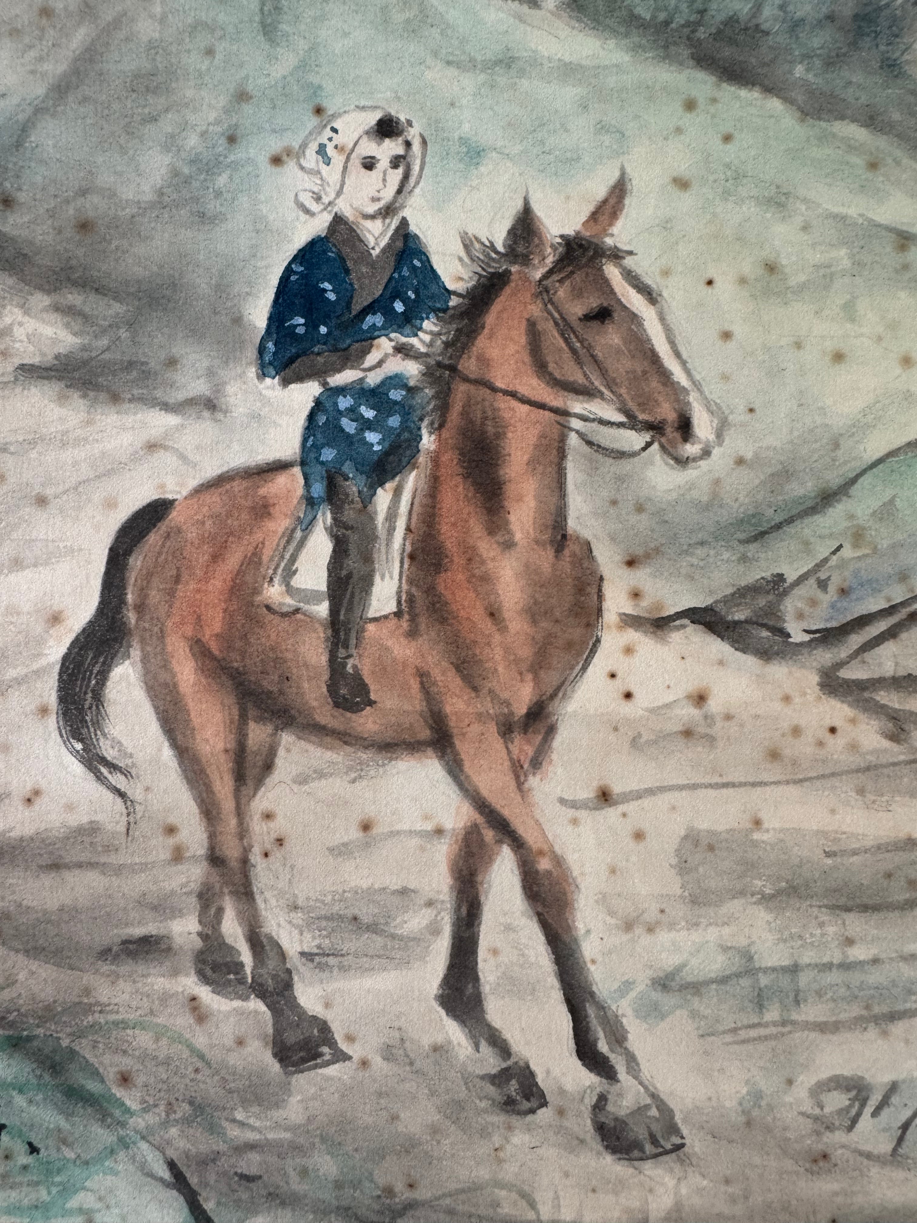Japanese Horse Painting Scroll, Vintage Kakemono Girl on Horseback, Asian Wall Art, Antique Ink Painting