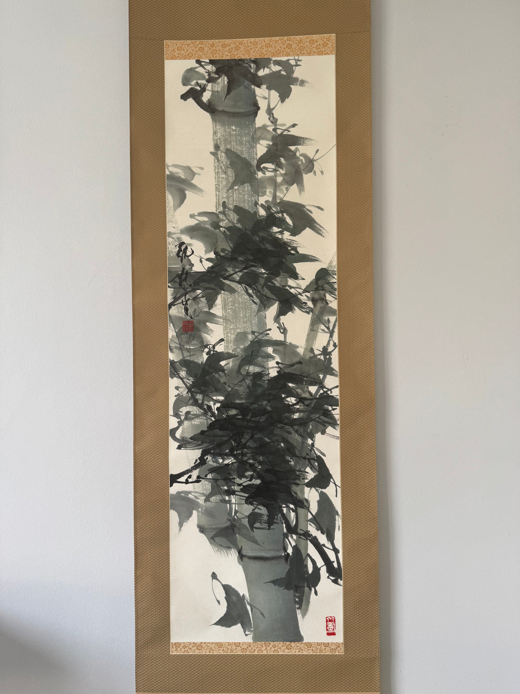 Japanese Bamboo Wall Scroll, Sumi-e Ink Painting, Zen Meditation Art