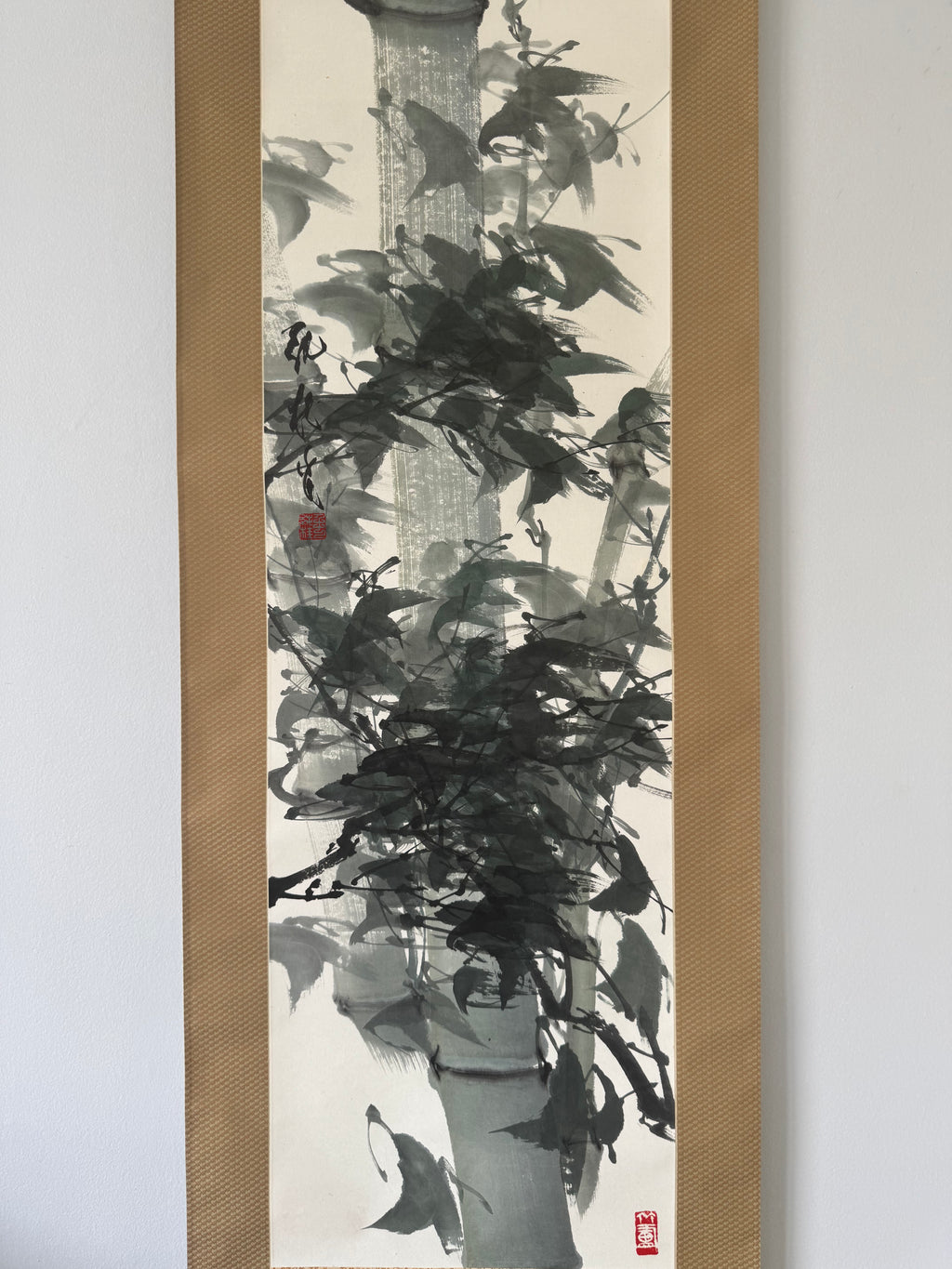 Japanese Bamboo Wall Scroll, Sumi-e Ink Painting, Zen Meditation Art