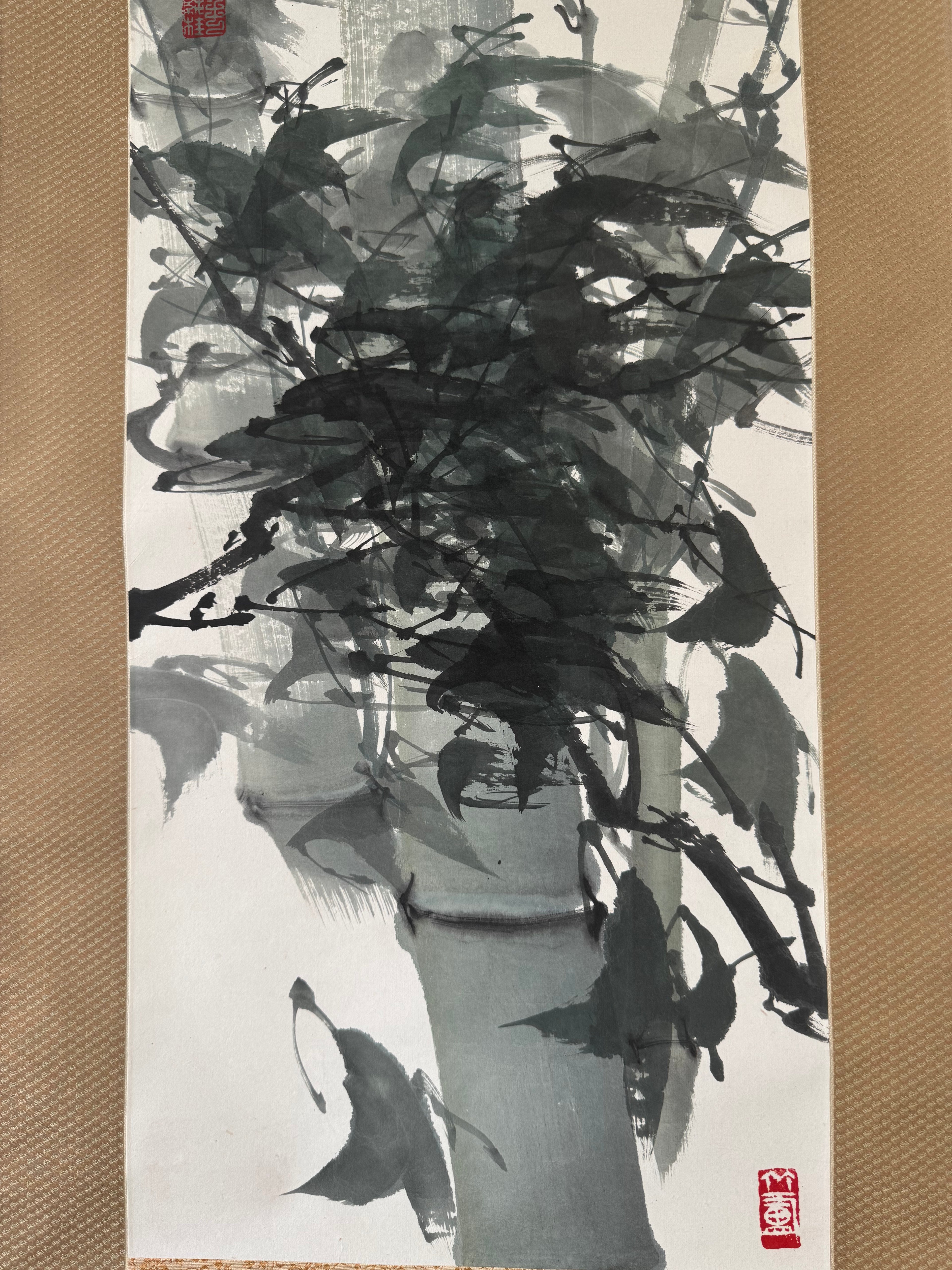 Japanese Bamboo Wall Scroll, Sumi-e Ink Painting, Zen Meditation Art