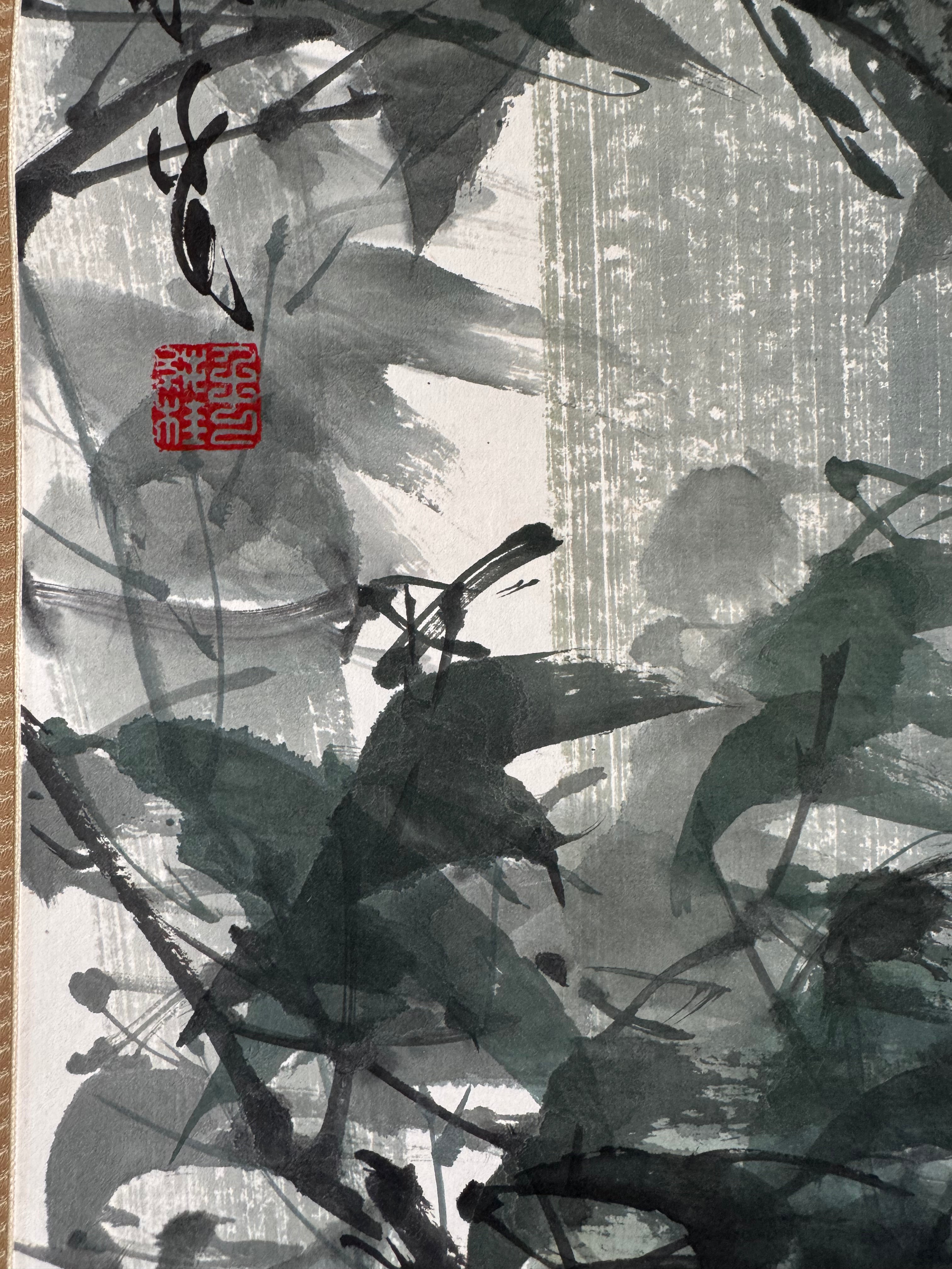 Japanese Bamboo Wall Scroll, Sumi-e Ink Painting, Zen Meditation Art