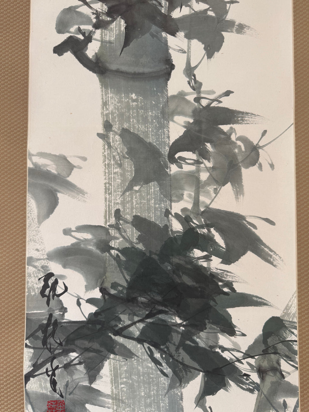 Japanese Bamboo Wall Scroll, Sumi-e Ink Painting, Zen Meditation Art