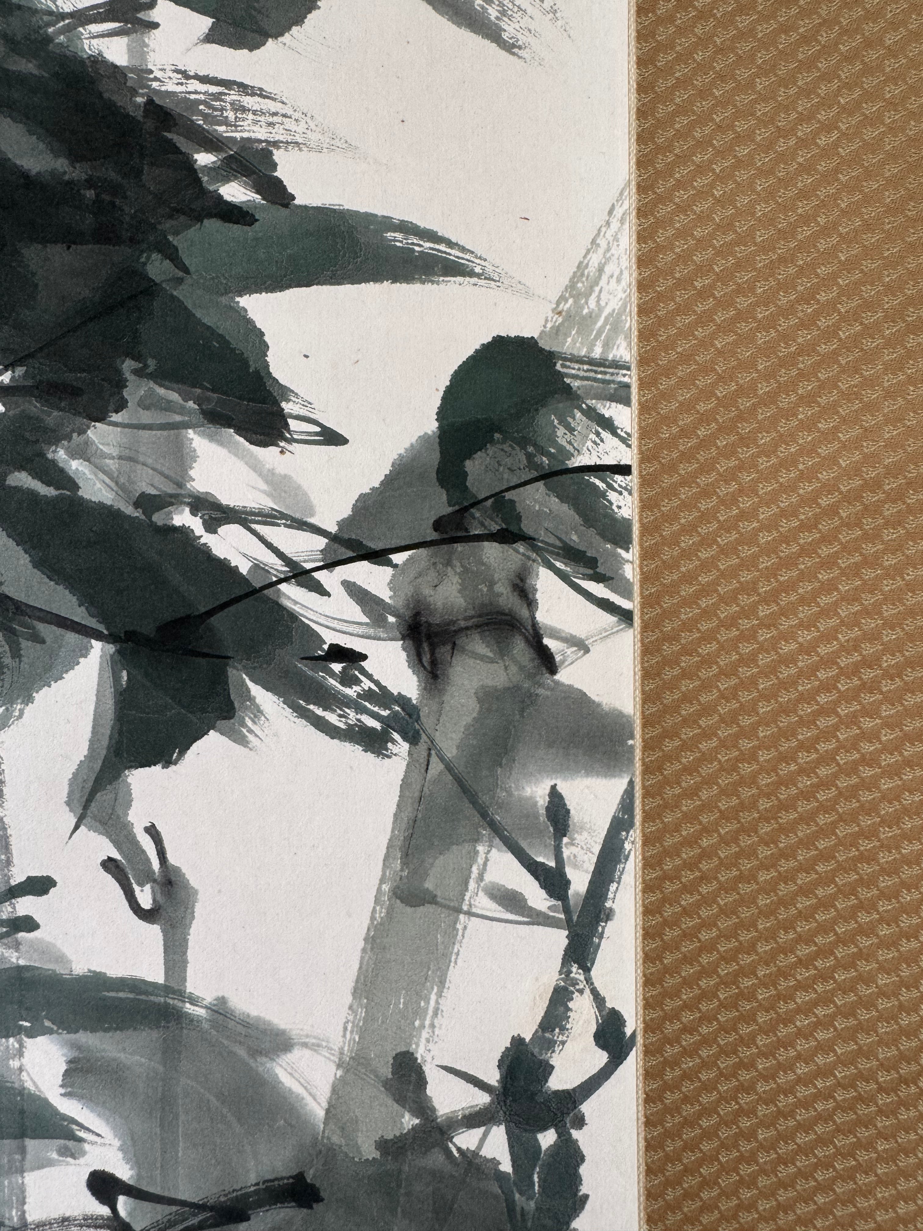 Japanese Bamboo Wall Scroll, Sumi-e Ink Painting, Zen Meditation Art