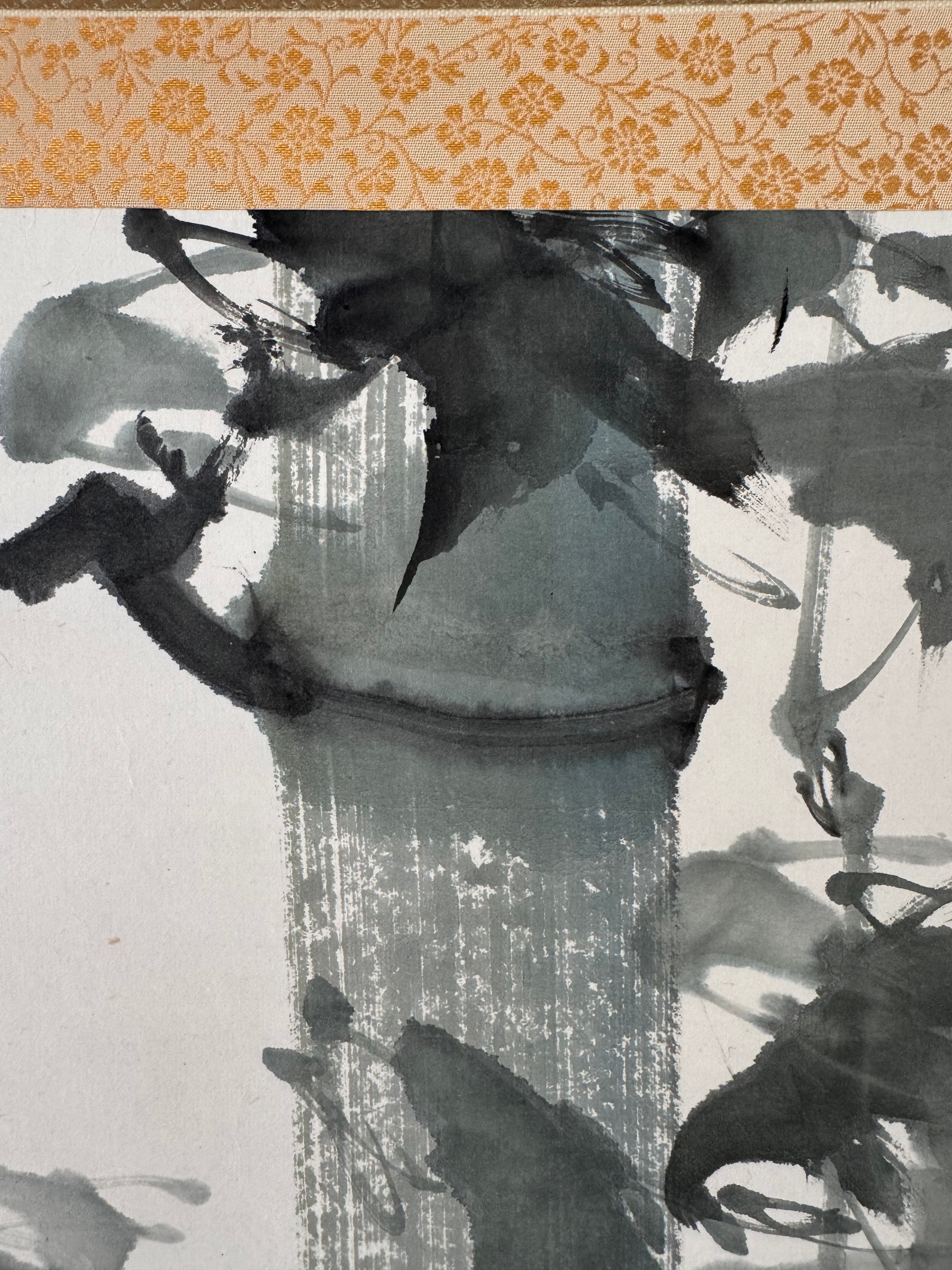 Japanese Bamboo Wall Scroll, Sumi-e Ink Painting, Zen Meditation Art