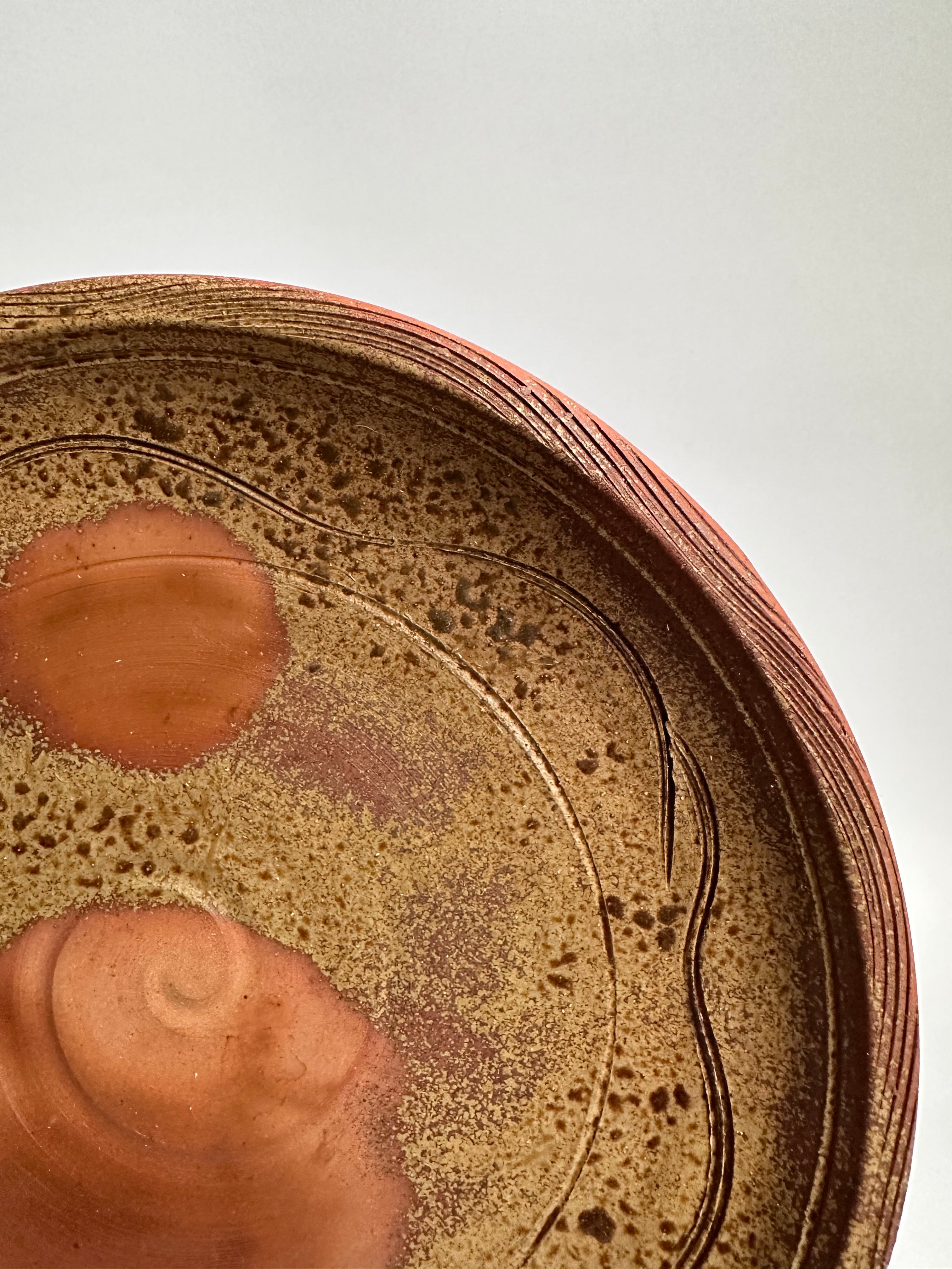 Detail view of natural resin streaks and goma ash glaze patterns on vintage Bizen ware plate
