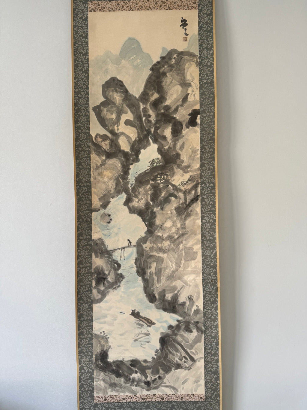 Mountain Gorge with Bridge & Boat | Japanese Sumi-e Landscape Kakemono | Broken Ink Technique Scroll