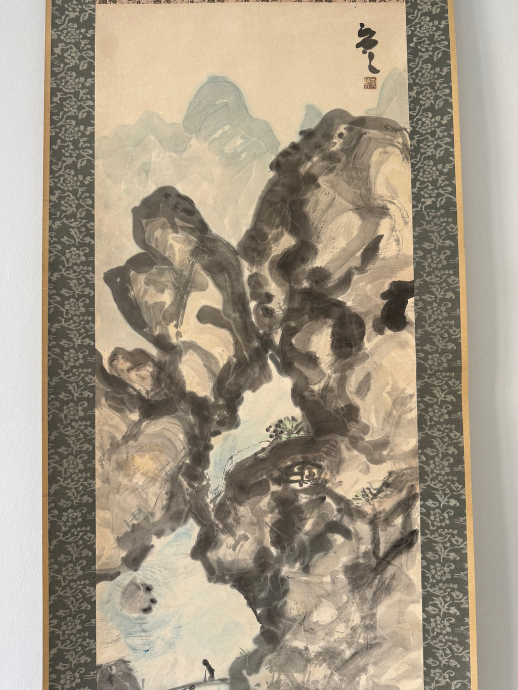 Mountain Gorge with Bridge & Boat | Japanese Sumi-e Landscape Kakemono | Broken Ink Technique Scroll