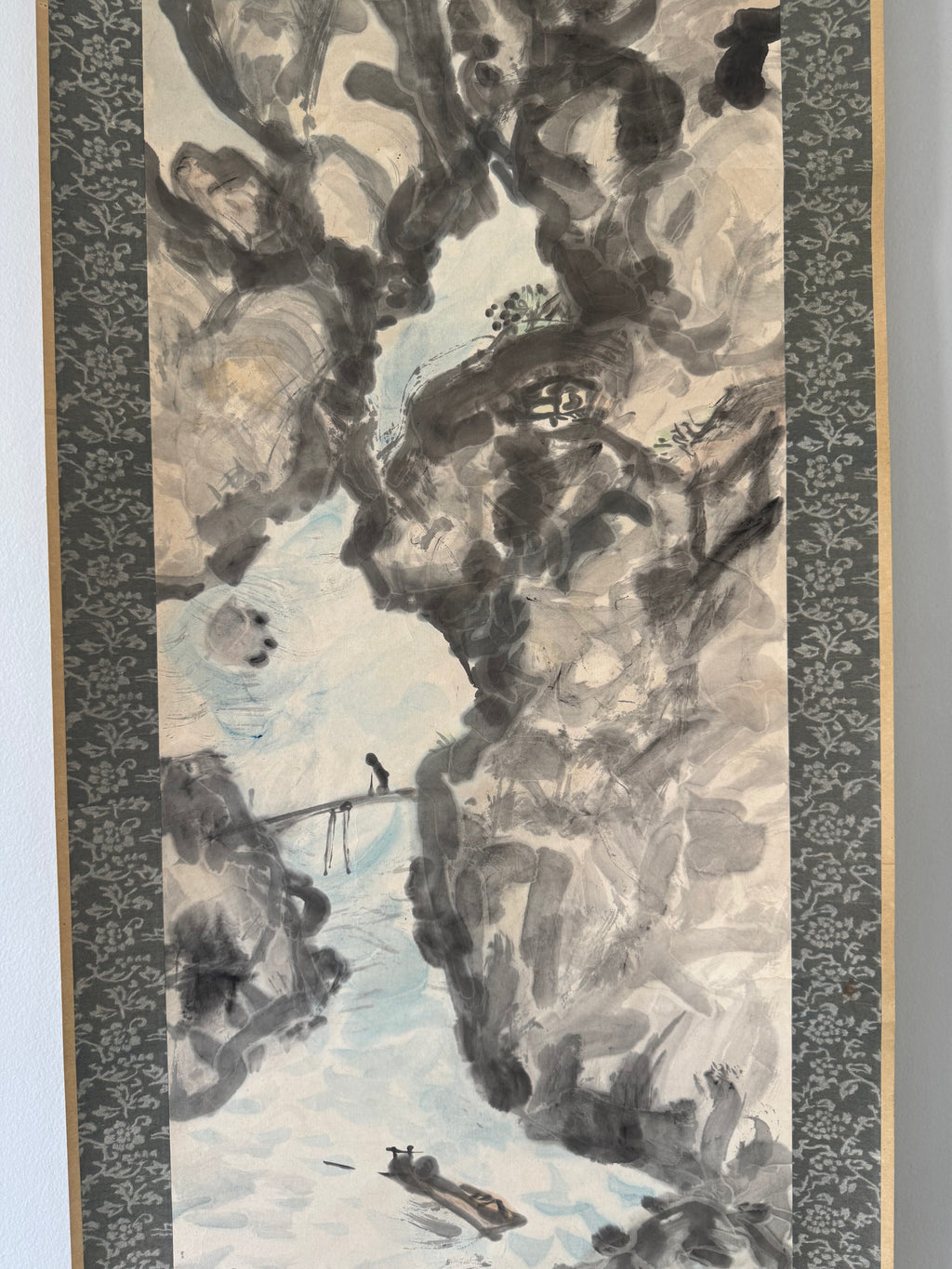 Mountain Gorge with Bridge & Boat | Japanese Sumi-e Landscape Kakemono | Broken Ink Technique Scroll