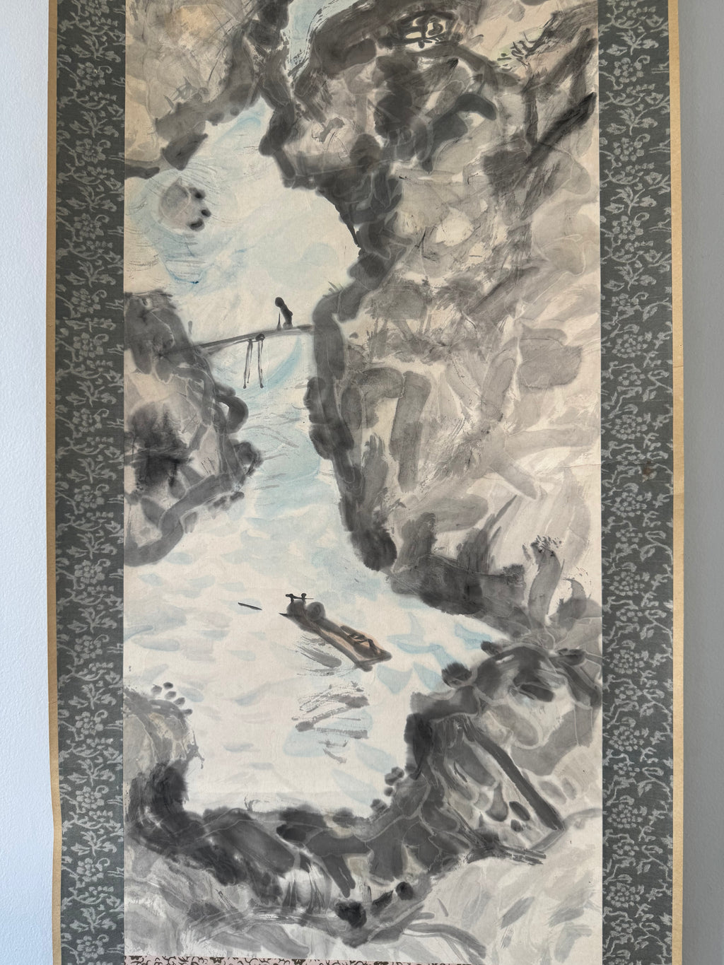 Mountain Gorge with Bridge & Boat | Japanese Sumi-e Landscape Kakemono | Broken Ink Technique Scroll