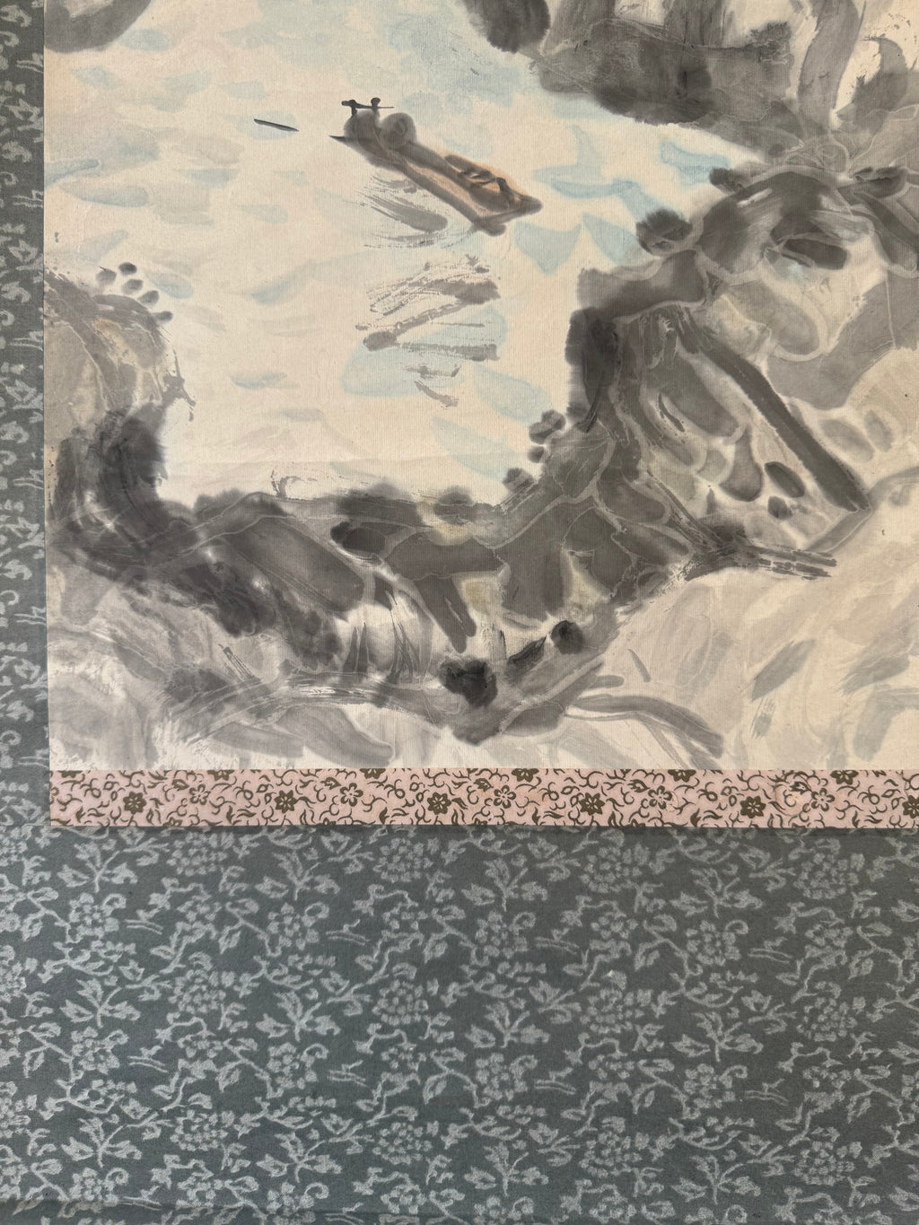 Mountain Gorge with Bridge & Boat | Japanese Sumi-e Landscape Kakemono | Broken Ink Technique Scroll