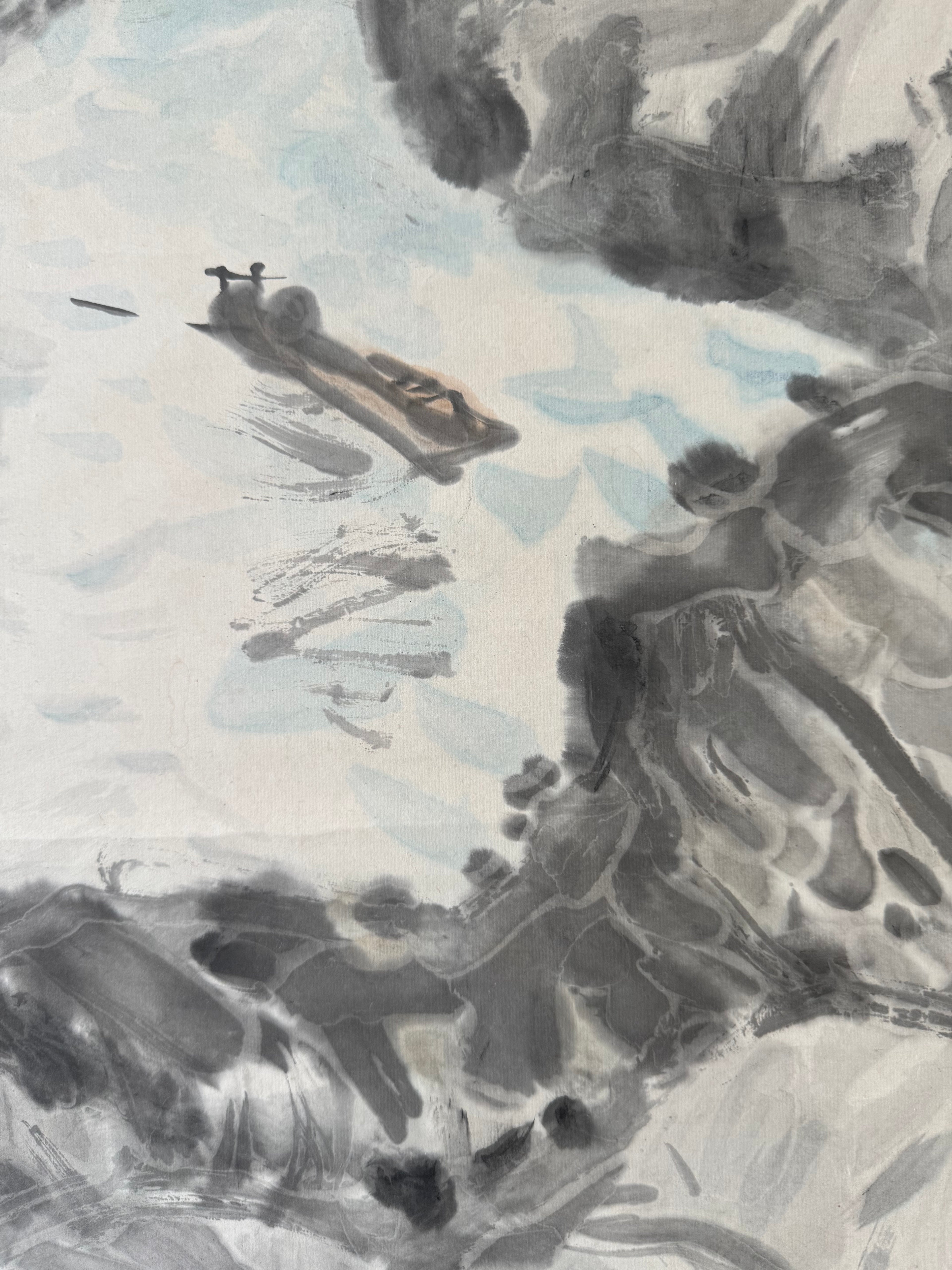 Mountain Gorge with Bridge & Boat | Japanese Sumi-e Landscape Kakemono | Broken Ink Technique Scroll