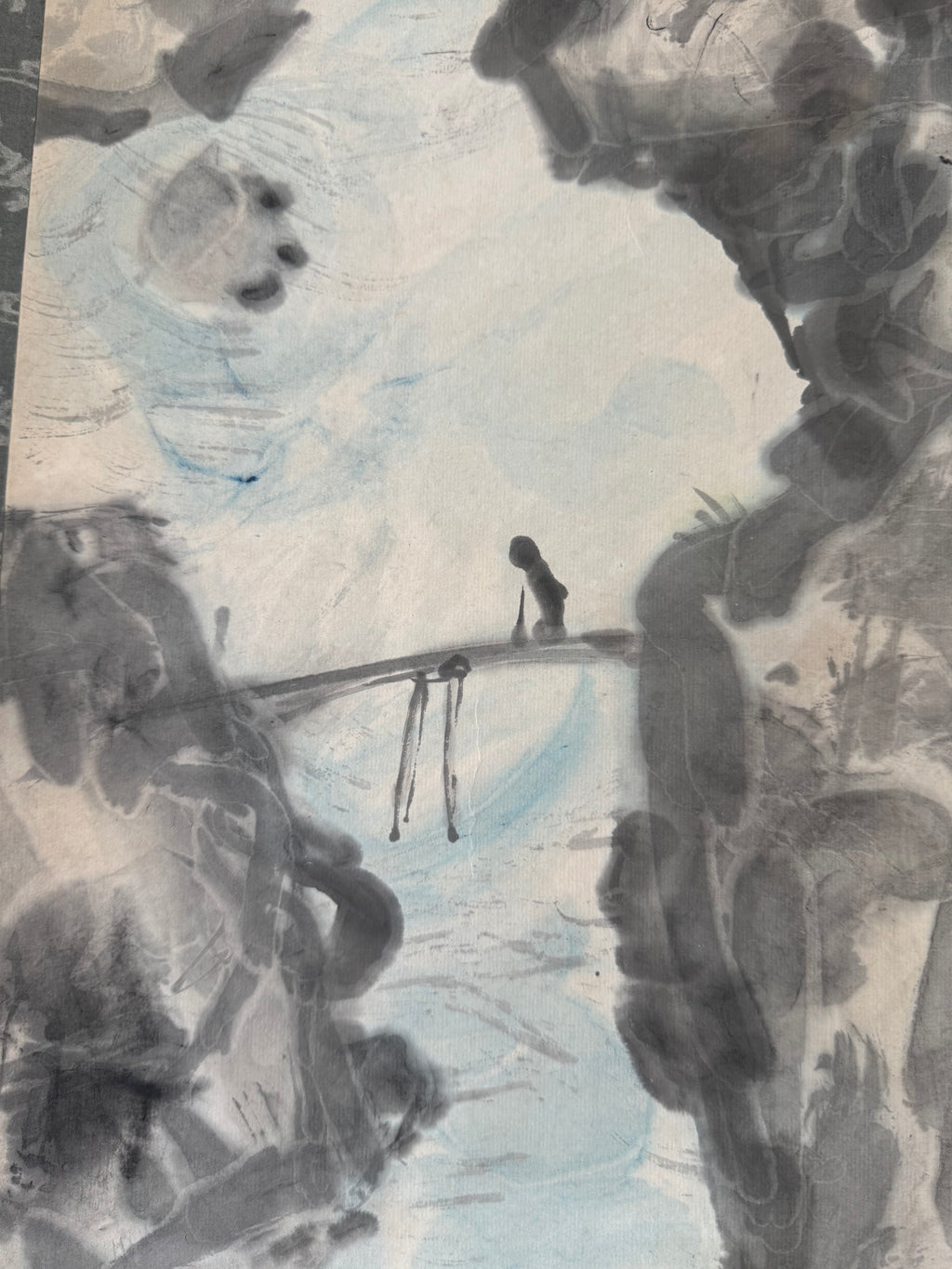 Mountain Gorge with Bridge & Boat | Japanese Sumi-e Landscape Kakemono | Broken Ink Technique Scroll