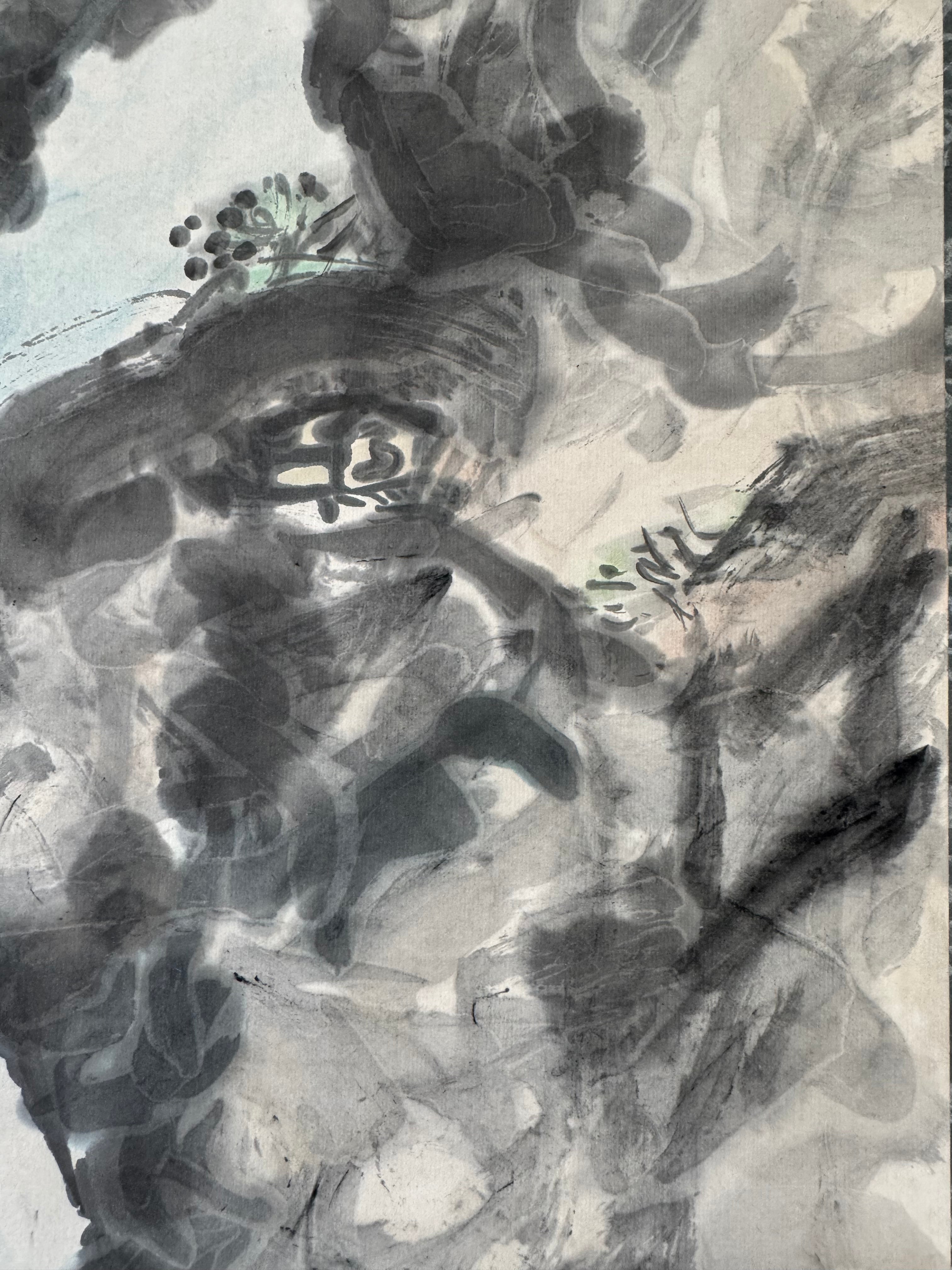 Mountain Gorge with Bridge & Boat | Japanese Sumi-e Landscape Kakemono | Broken Ink Technique Scroll