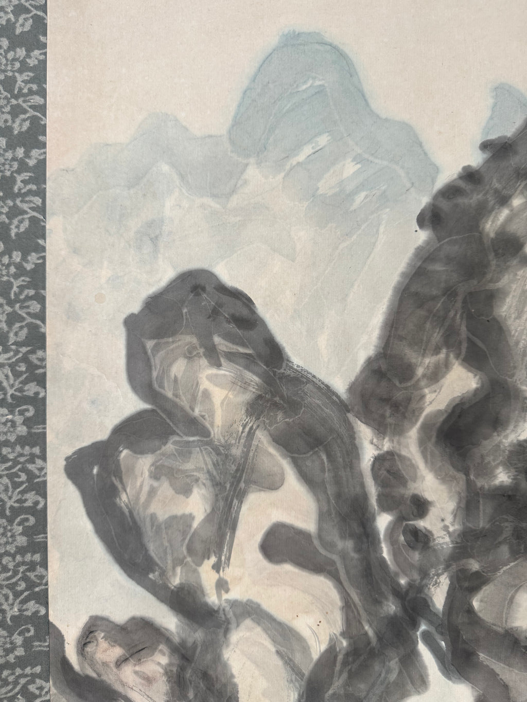 Mountain Gorge with Bridge & Boat | Japanese Sumi-e Landscape Kakemono | Broken Ink Technique Scroll