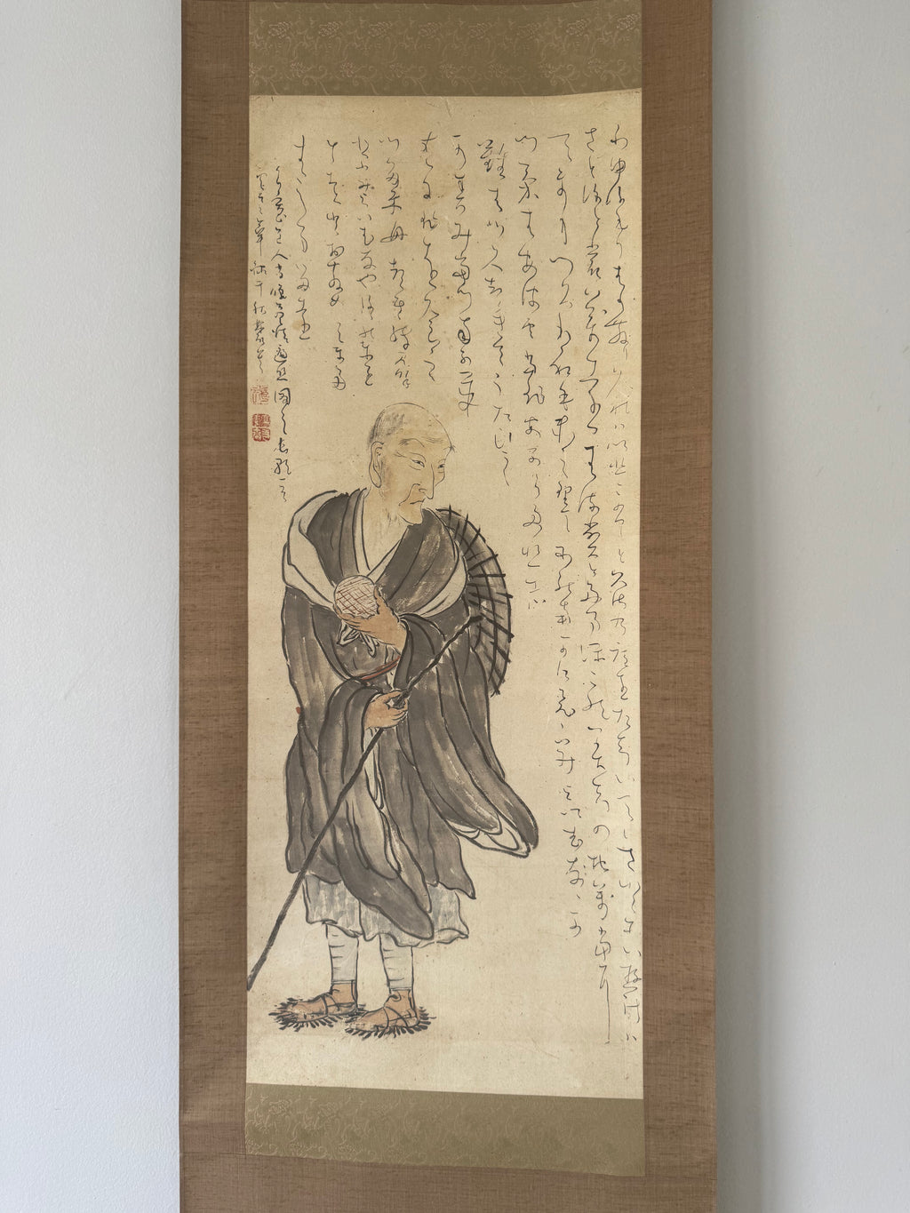 Pilgrim Monk | Japanese Figure & Verse Kakemono | Zen Wanderer Ink Painting Showa Scroll