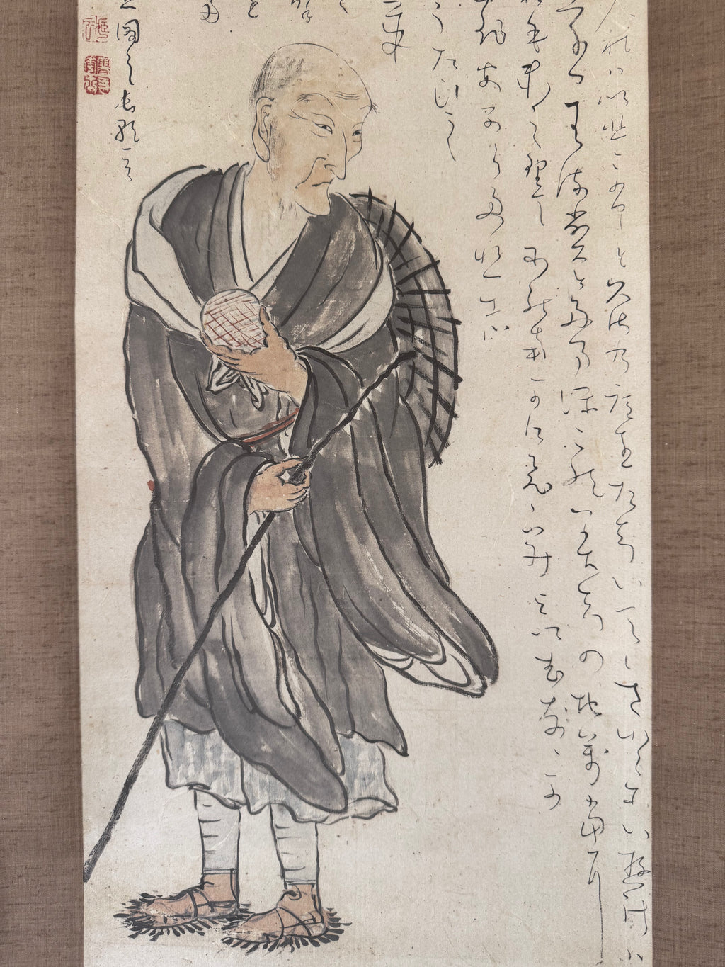 Pilgrim Monk | Japanese Figure & Verse Kakemono | Zen Wanderer Ink Painting Showa Scroll