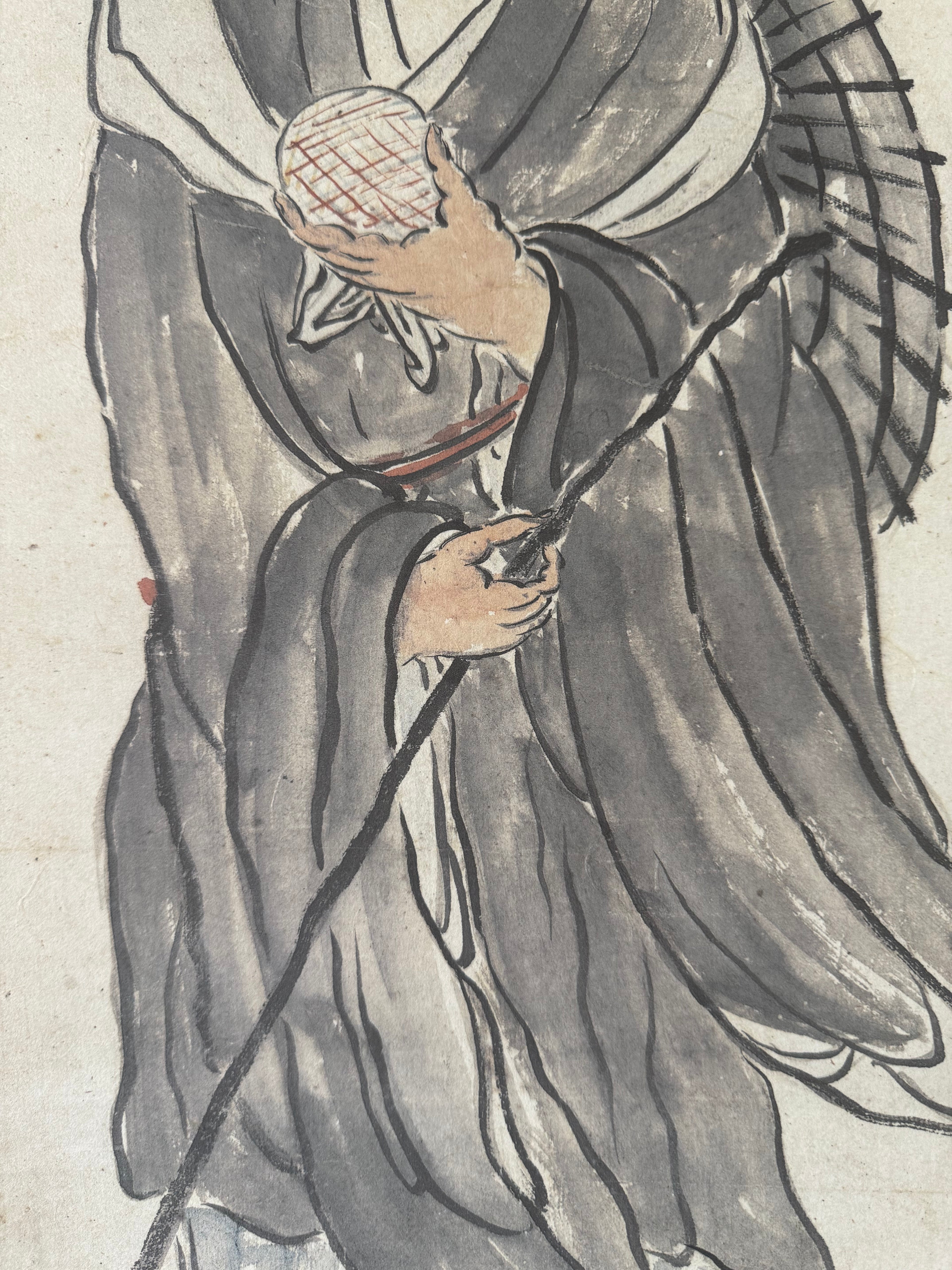 Pilgrim Monk | Japanese Figure & Verse Kakemono | Zen Wanderer Ink Painting Showa Scroll