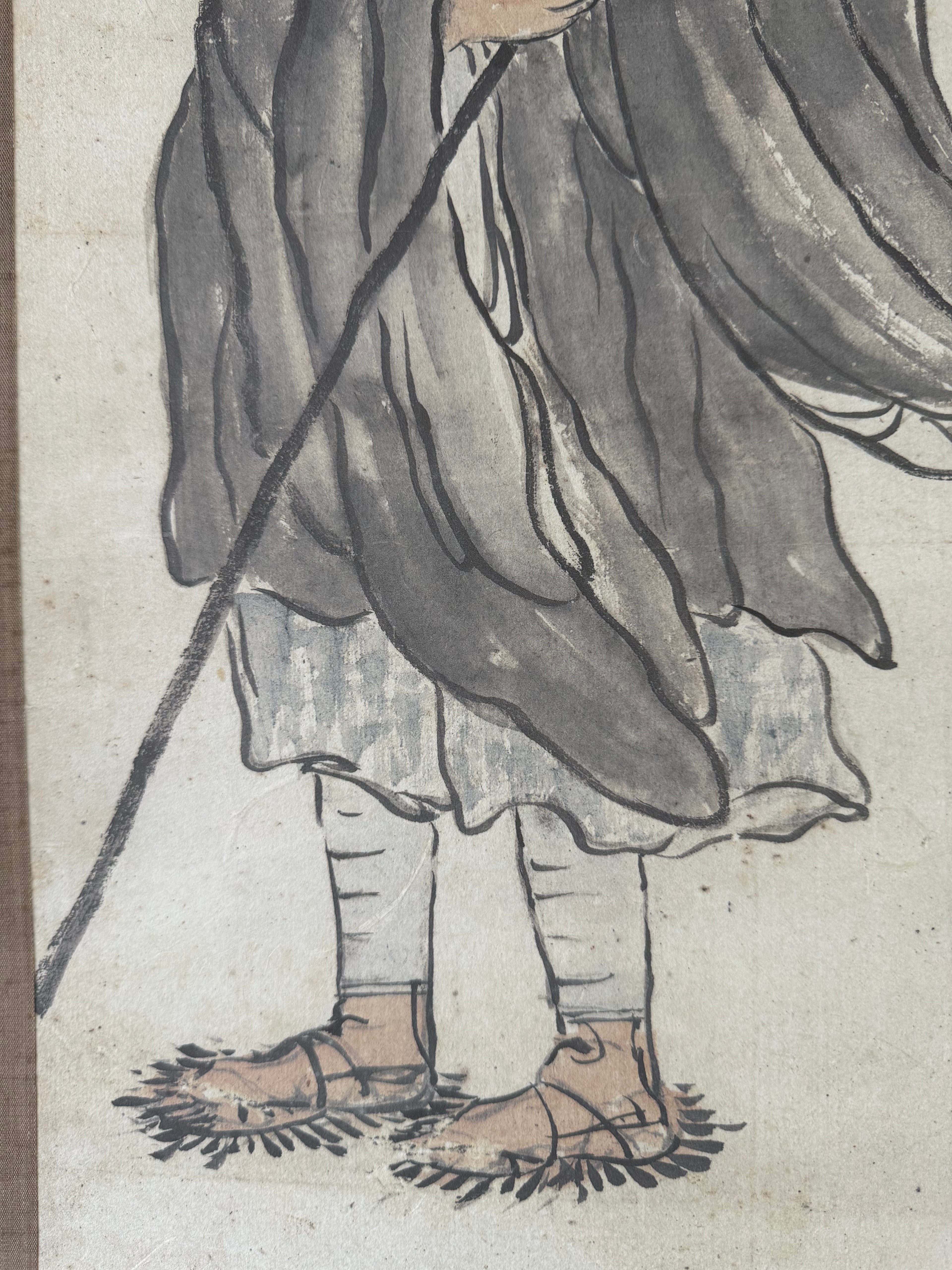 Pilgrim Monk | Japanese Figure & Verse Kakemono | Zen Wanderer Ink Painting Showa Scroll