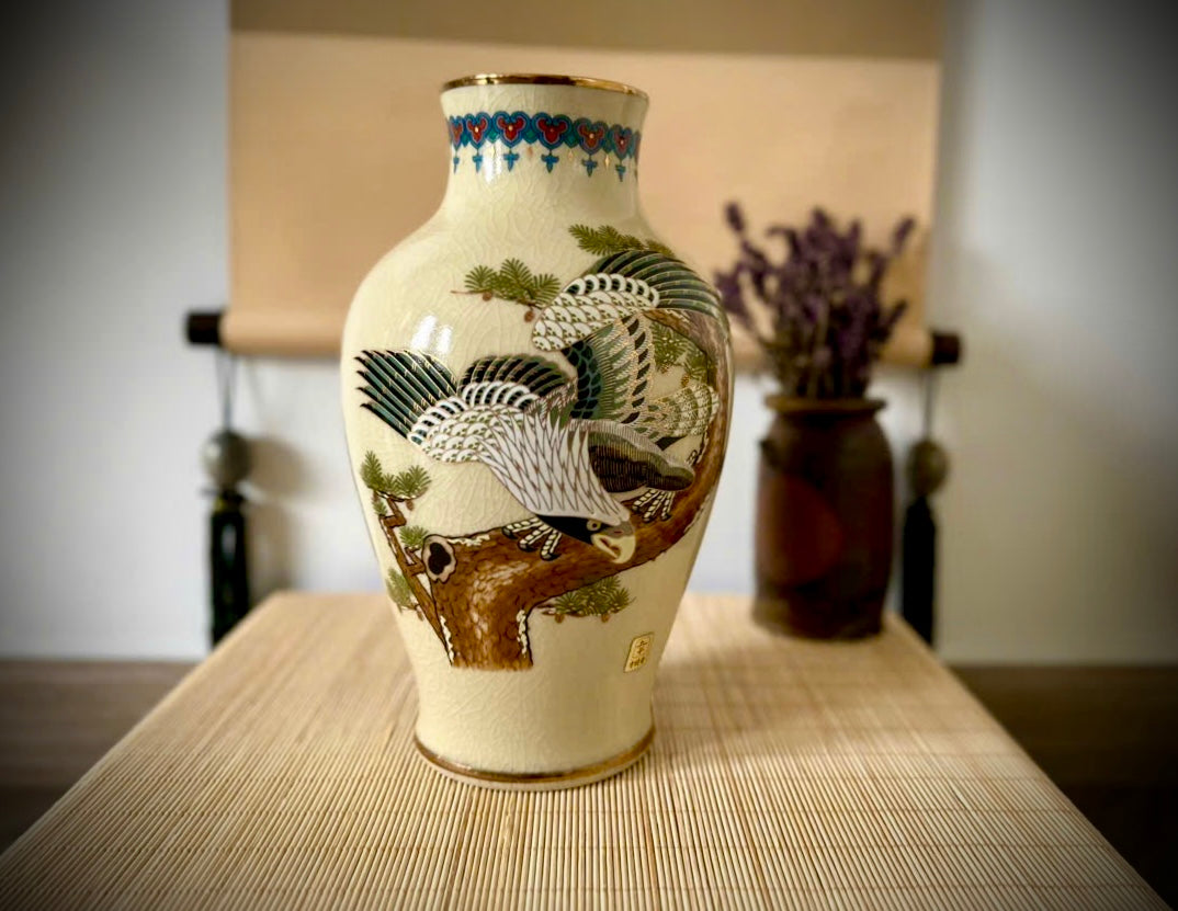 Japanese Satsuma Vase with Eagle & Pine Tree | Hand-Painted Crackle Glaze Art | Vintage Japanese Pottery