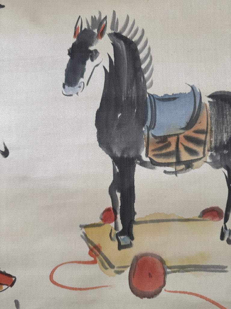 Vintage Japanese Hanging Scroll — Pull-Horse Toy & Spinning Top — Gangu-zu Folk Painting — Signed Kozawayama — Rare Children's Theme