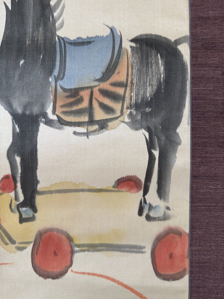 Vintage Japanese Hanging Scroll — Pull-Horse Toy & Spinning Top — Gangu-zu Folk Painting — Signed Kozawayama — Rare Children's Theme