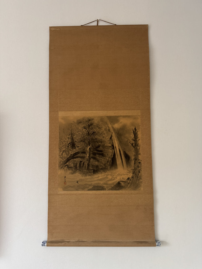 Vintage Japanese Hanging Scroll — Mountain Waterfall with Bird — Yōga-Sumi-e Fusion — Signed Ryō Nifusa — Meiji–Taishō Western-Influence