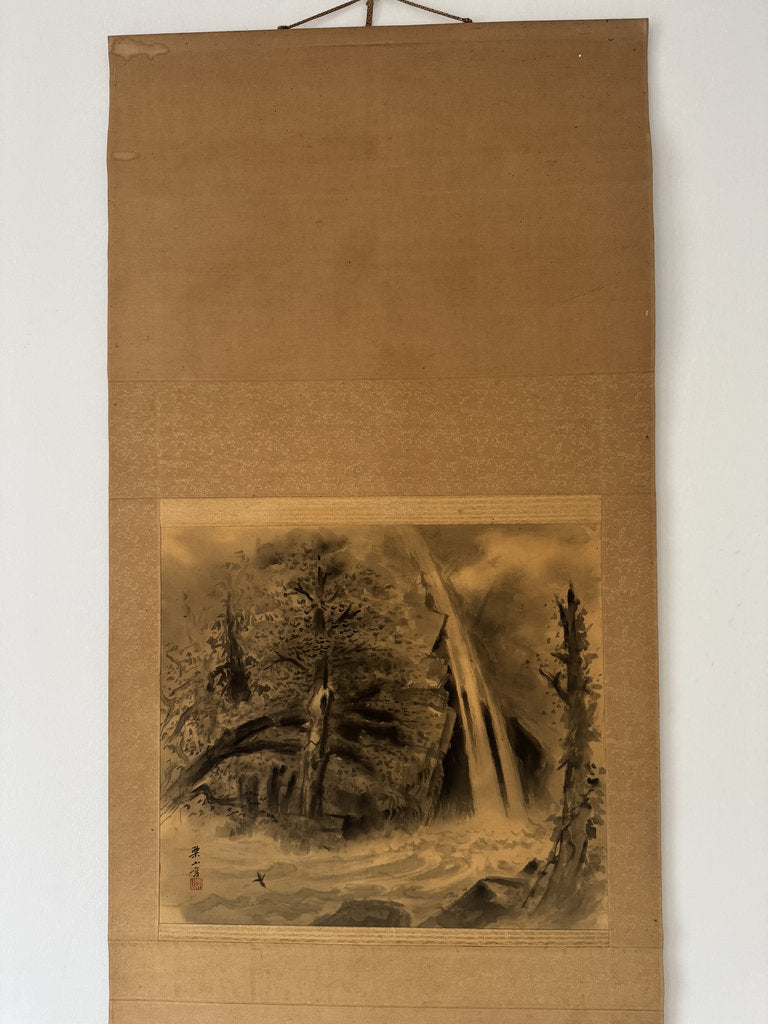 Vintage Japanese Hanging Scroll — Mountain Waterfall with Bird — Yōga-Sumi-e Fusion — Signed Ryō Nifusa — Meiji–Taishō Western-Influence