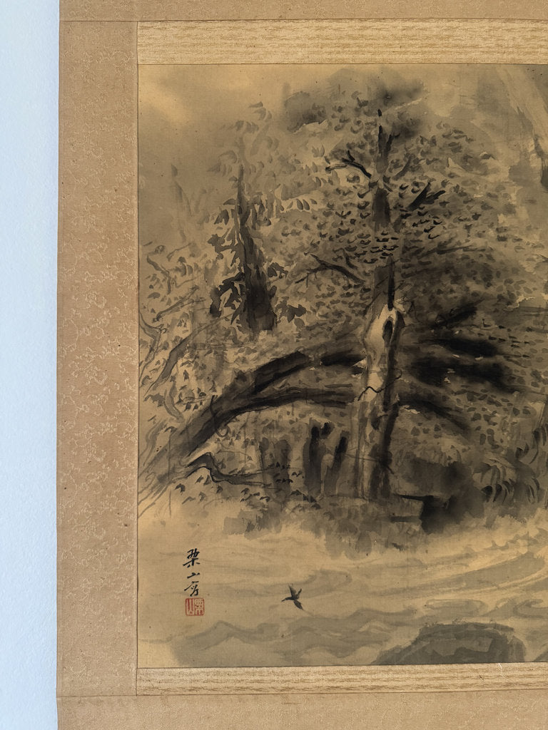 Vintage Japanese Hanging Scroll — Mountain Waterfall with Bird — Yōga-Sumi-e Fusion — Signed Ryō Nifusa — Meiji–Taishō Western-Influence