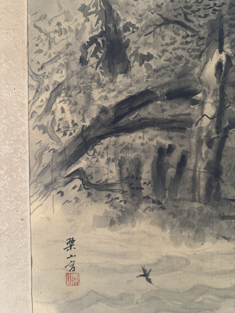 Vintage Japanese Hanging Scroll — Mountain Waterfall with Bird — Yōga-Sumi-e Fusion — Signed Ryō Nifusa — Meiji–Taishō Western-Influence