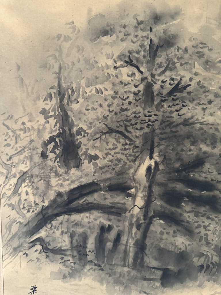 Vintage Japanese Hanging Scroll — Mountain Waterfall with Bird — Yōga-Sumi-e Fusion — Signed Ryō Nifusa — Meiji–Taishō Western-Influence