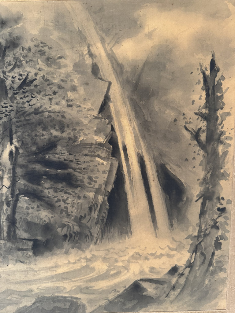 Vintage Japanese Hanging Scroll — Mountain Waterfall with Bird — Yōga-Sumi-e Fusion — Signed Ryō Nifusa — Meiji–Taishō Western-Influence