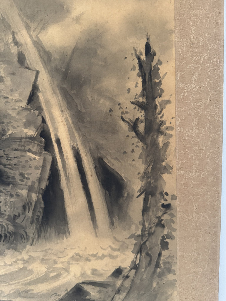 Vintage Japanese Hanging Scroll — Mountain Waterfall with Bird — Yōga-Sumi-e Fusion — Signed Ryō Nifusa — Meiji–Taishō Western-Influence