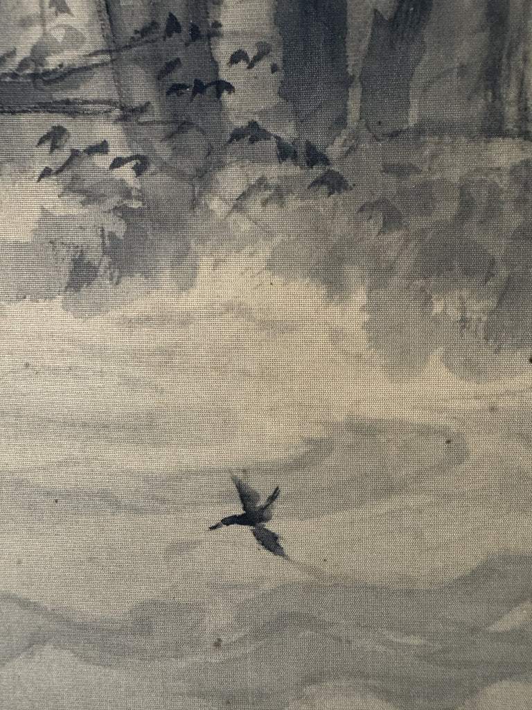 Vintage Japanese Hanging Scroll — Mountain Waterfall with Bird — Yōga-Sumi-e Fusion — Signed Ryō Nifusa — Meiji–Taishō Western-Influence