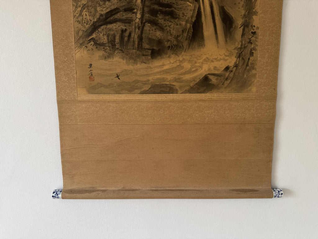 Vintage Japanese Hanging Scroll — Mountain Waterfall with Bird — Yōga-Sumi-e Fusion — Signed Ryō Nifusa — Meiji–Taishō Western-Influence