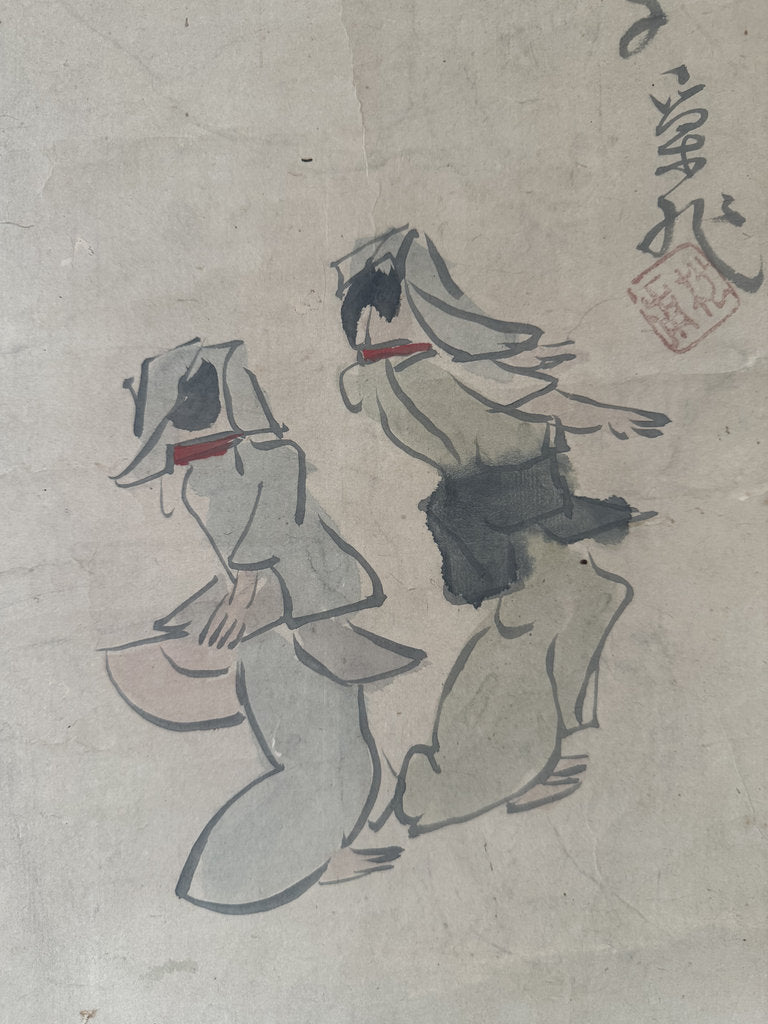 Vintage Japanese Haiga Scroll Bon Odori Autumn Dance Chestnut Haiku