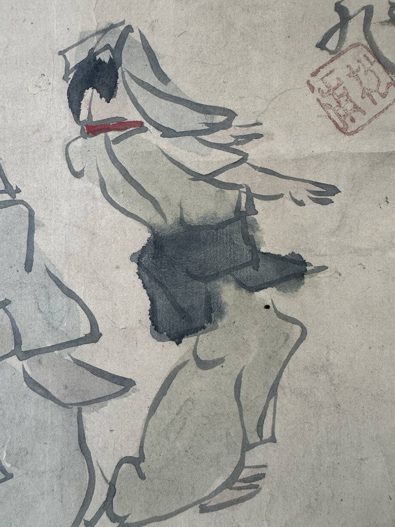 Vintage Japanese Haiga Scroll Bon Odori Autumn Dance Chestnut Haiku
