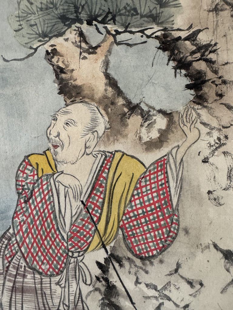 Vintage Japanese Takasago Scroll Elderly Couple Pine Sunrise Painting