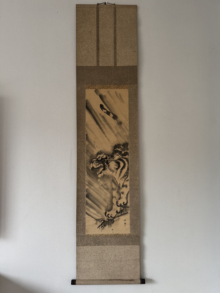 Antique Japanese Hanging Scroll - Tiger in Rain - Zenga Sumi-e - Signed Kiyū - Edo-Meiji Warrior Aesthetic