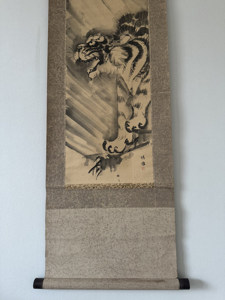 Antique Japanese Hanging Scroll - Tiger in Rain - Zenga Sumi-e - Signed Kiyū - Edo-Meiji Warrior Aesthetic