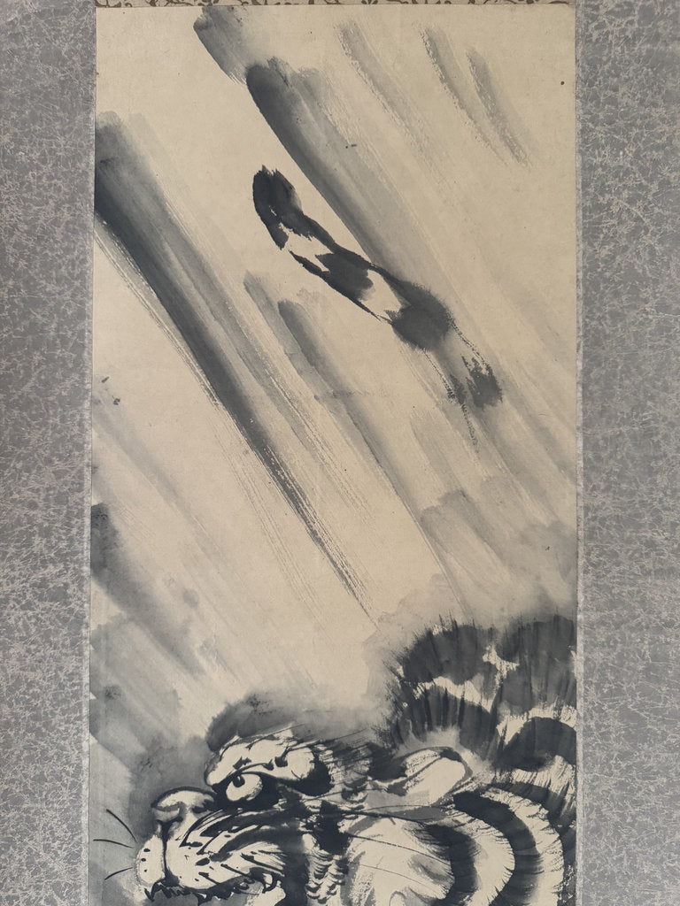 Antique Japanese Hanging Scroll - Tiger in Rain - Zenga Sumi-e - Signed Kiyū - Edo-Meiji Warrior Aesthetic
